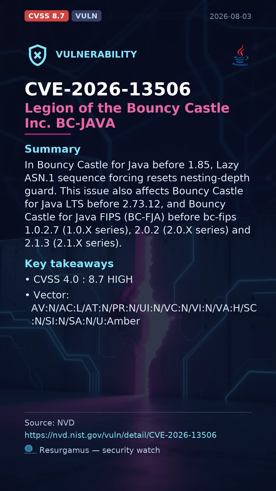 CVE-2026-13506 Legion of the Bouncy Castle Inc. BC-JAVA Vulnerability