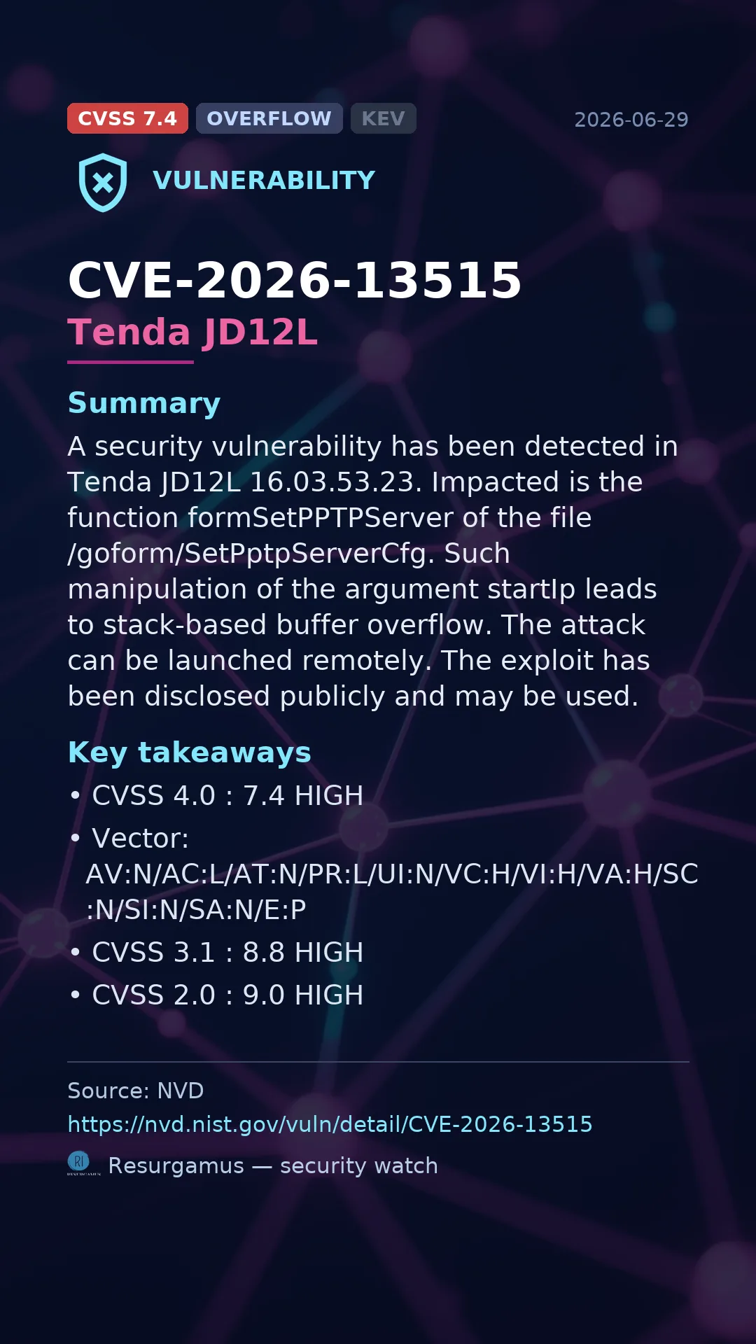 CVE-2026-13515 Tenda JD12L Vulnerability