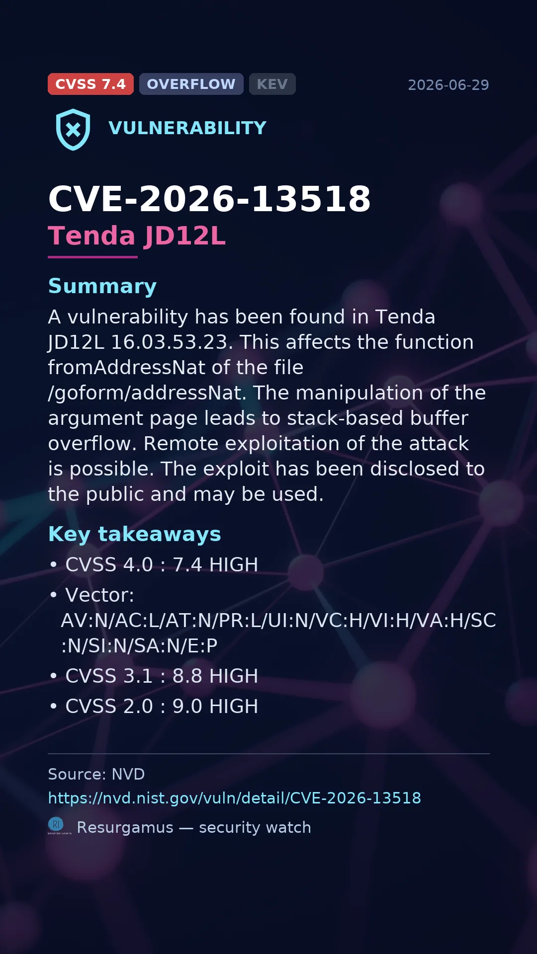 CVE-2026-13518 Tenda JD12L Vulnerability