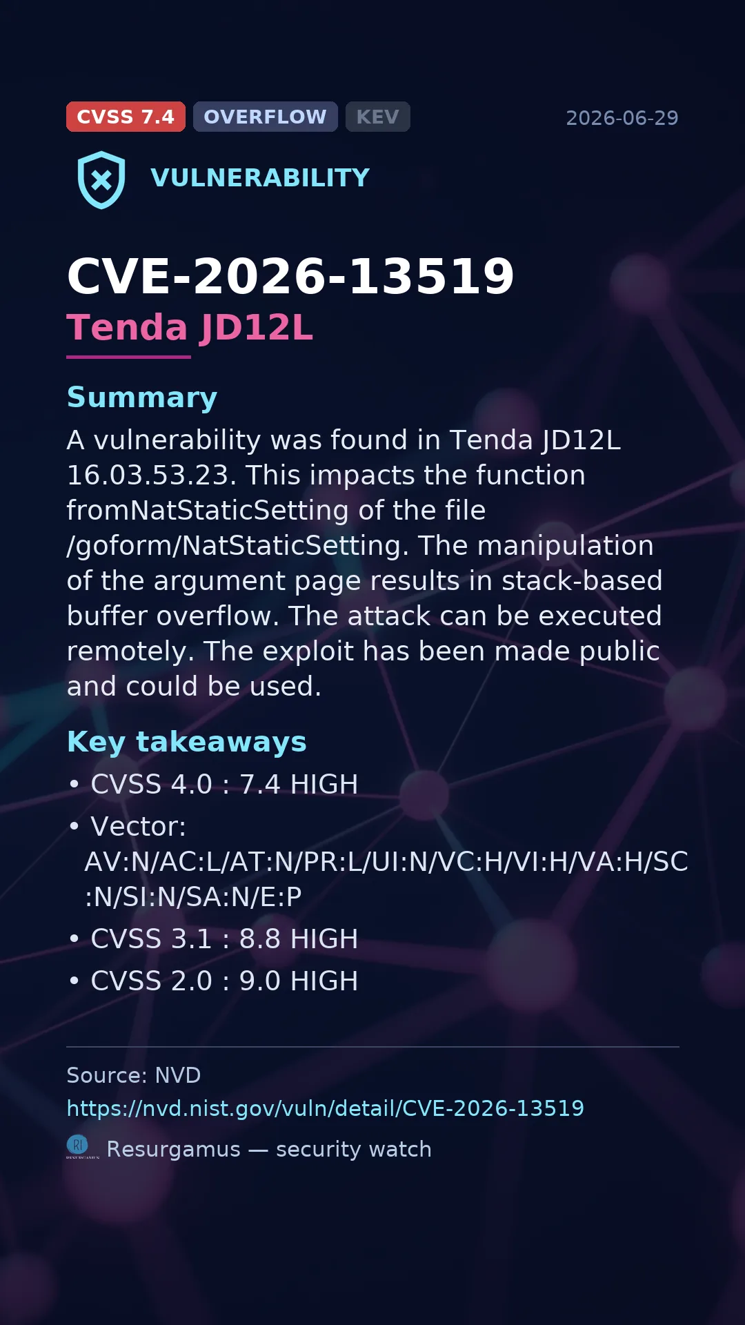 CVE-2026-13519 Tenda JD12L Vulnerability