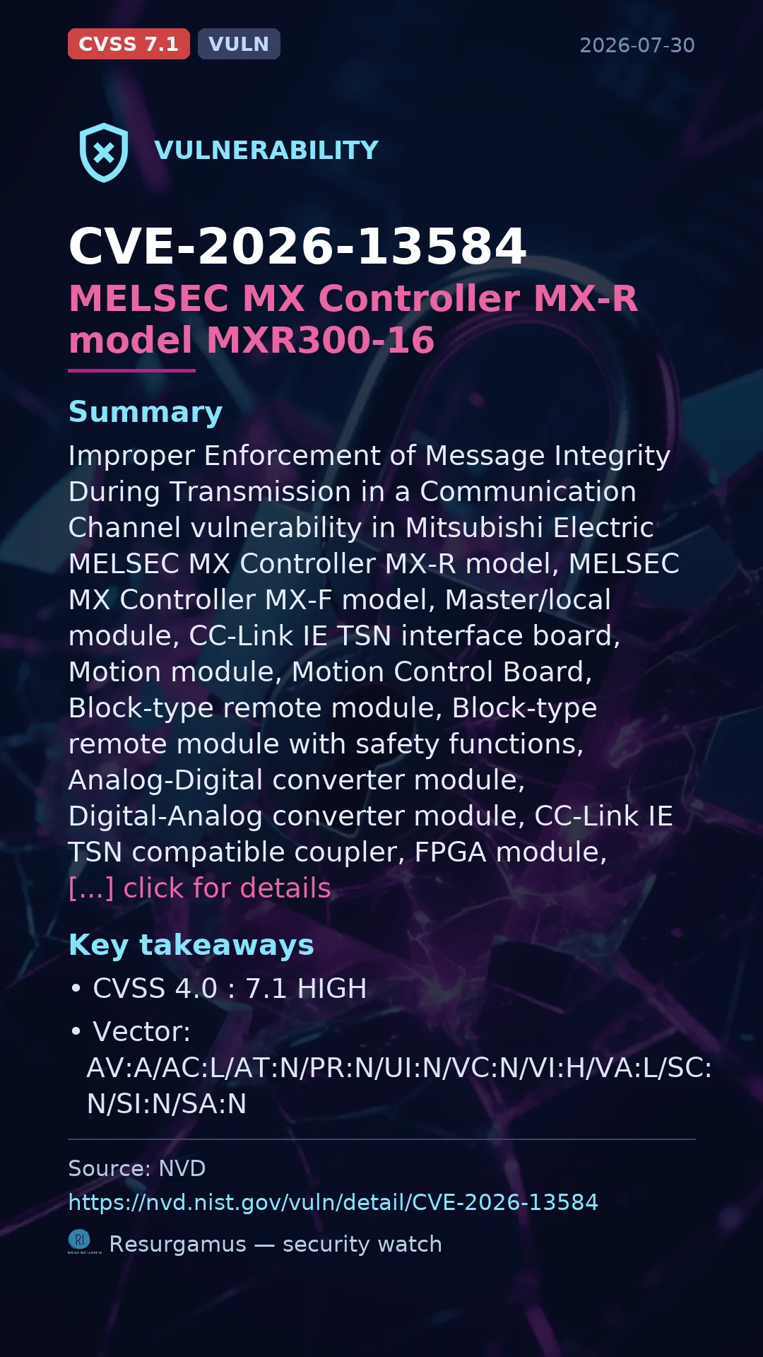 CVE-2026-13584 MELSEC MX Controller MX-R model MXR300-16 Vulnerability