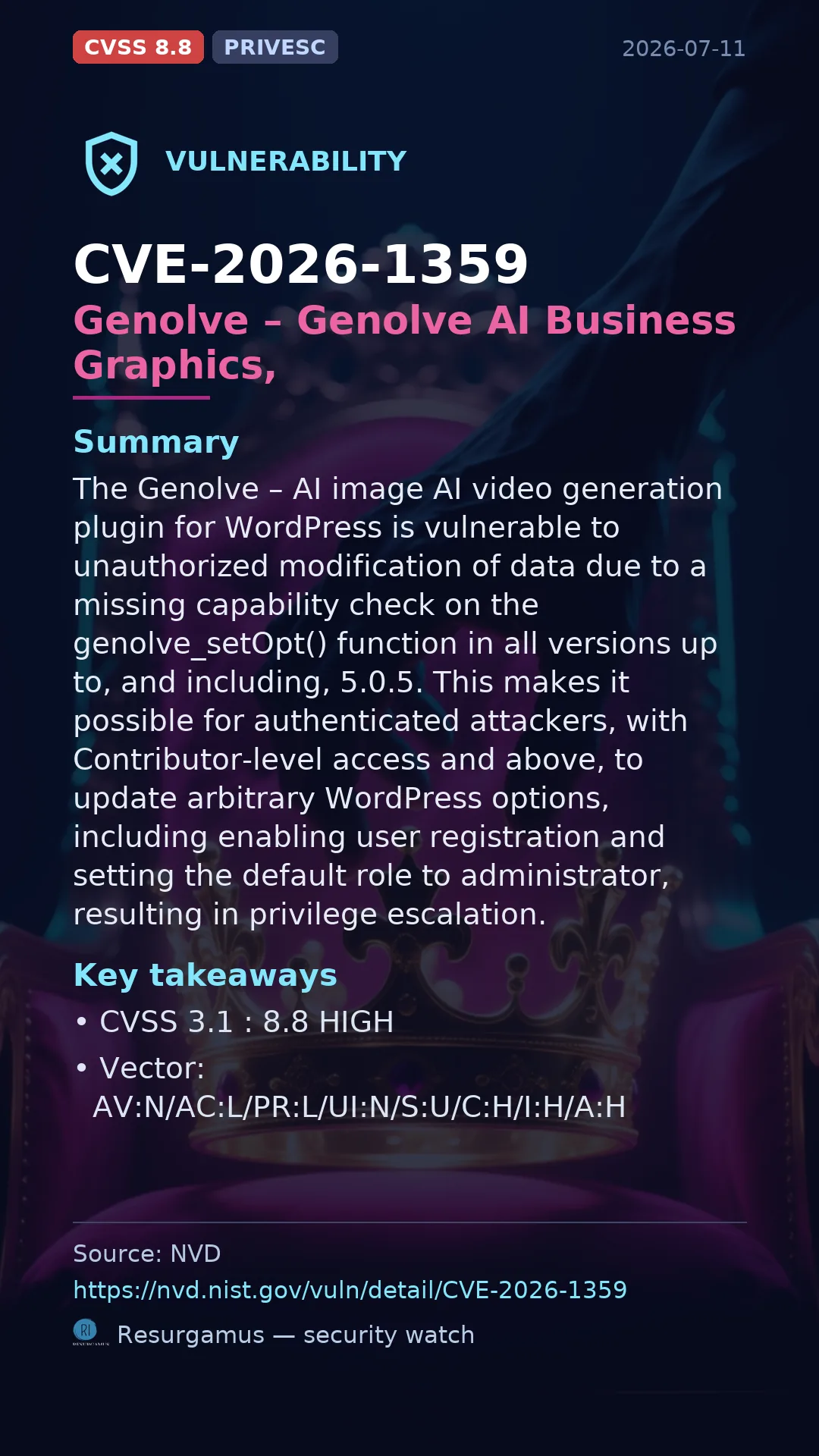 CVE-2026-1359 Genolve – Genolve AI Business Graphics,  Vulnerability