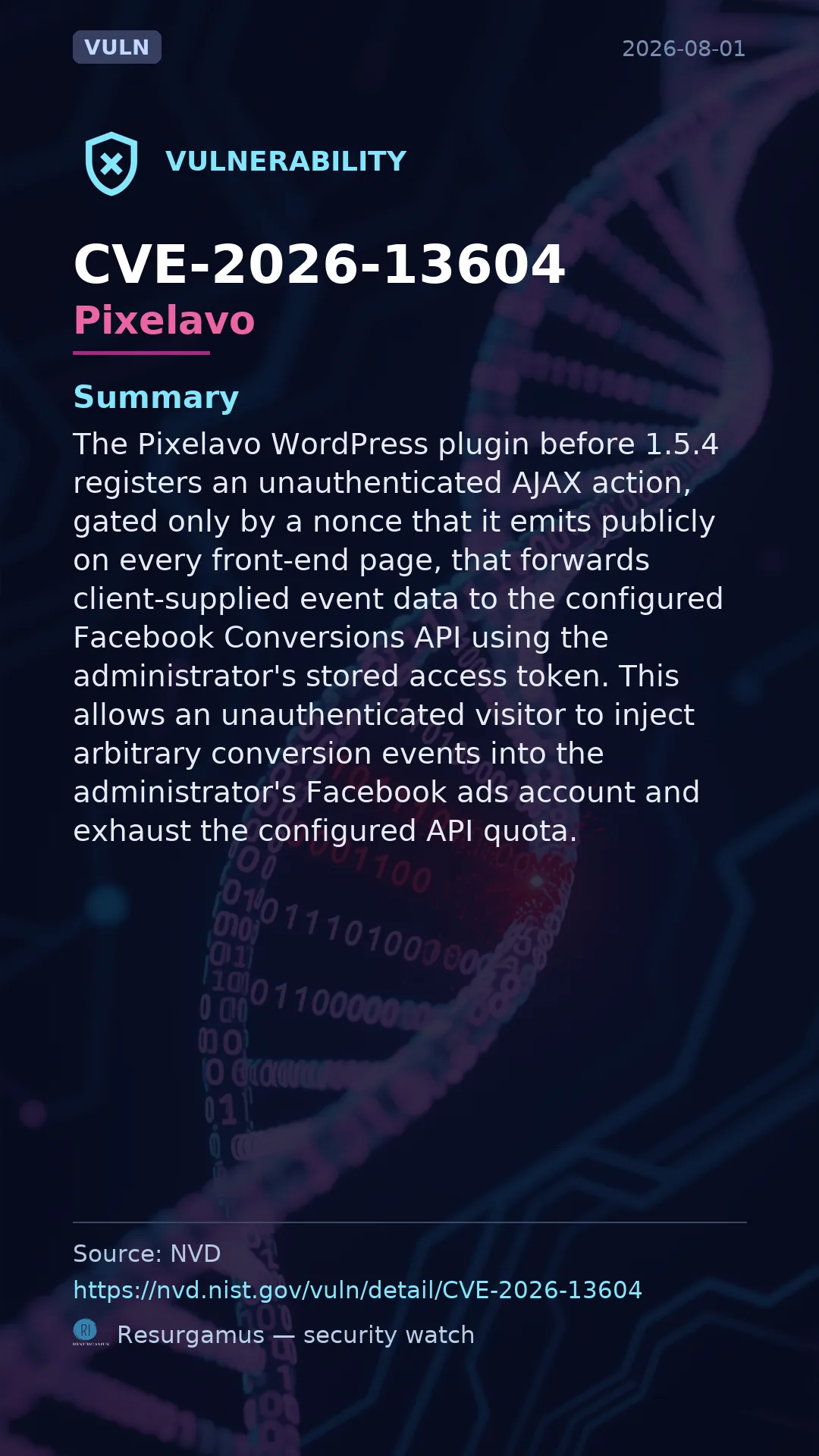 CVE-2026-13604 Pixelavo Vulnerability