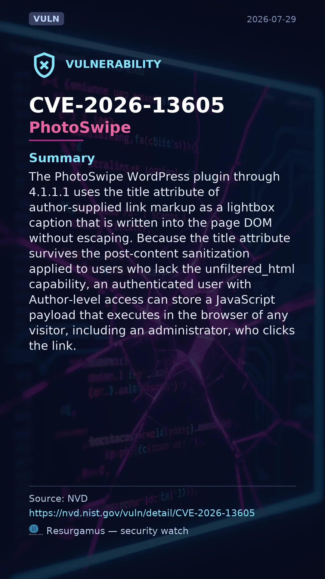 CVE-2026-13605 PhotoSwipe Vulnerability