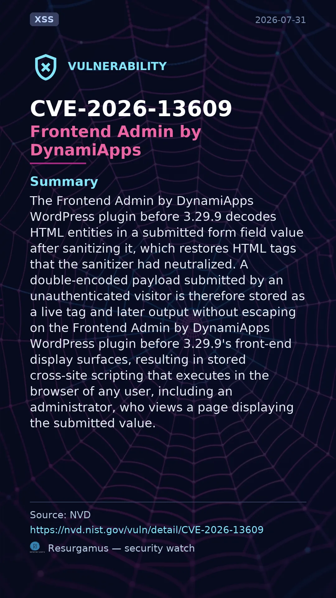 CVE-2026-13609 Frontend Admin by DynamiApps Vulnerability