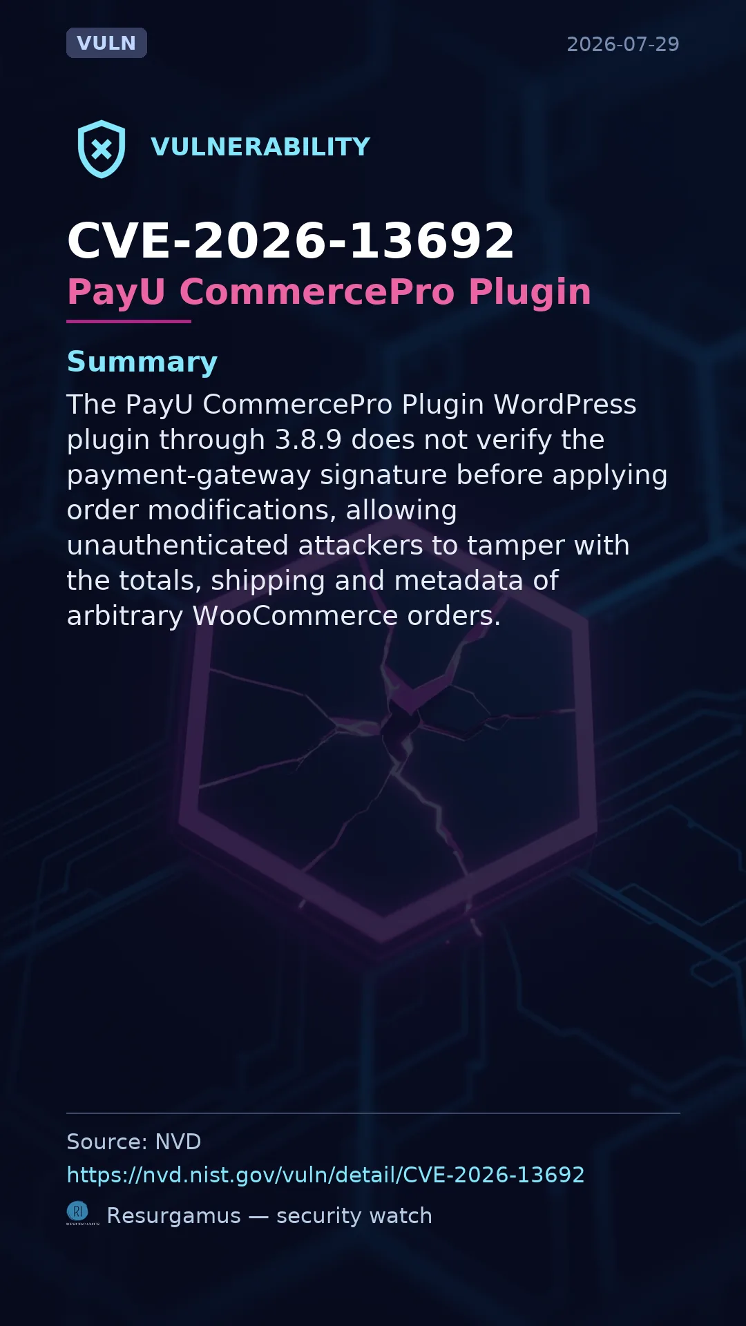 CVE-2026-13692 PayU CommercePro Plugin Vulnerability