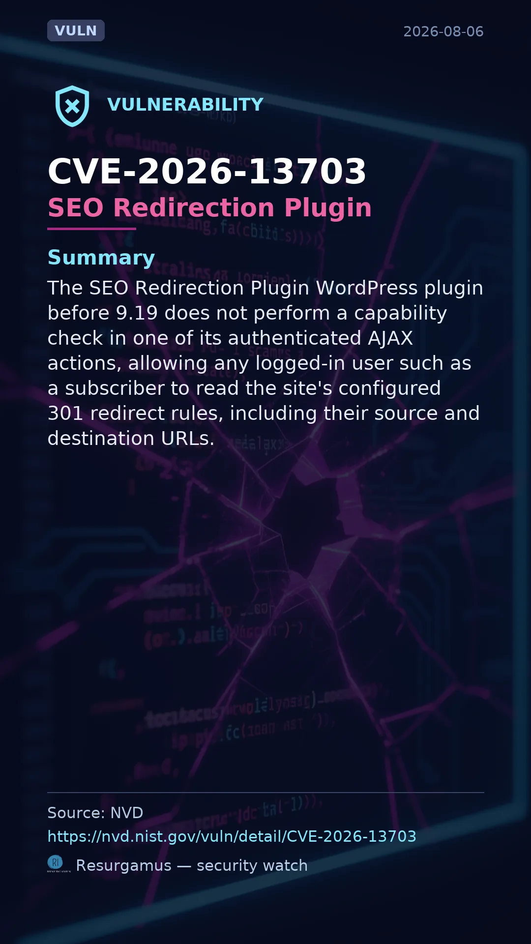 CVE-2026-13703 SEO Redirection Plugin Vulnerability