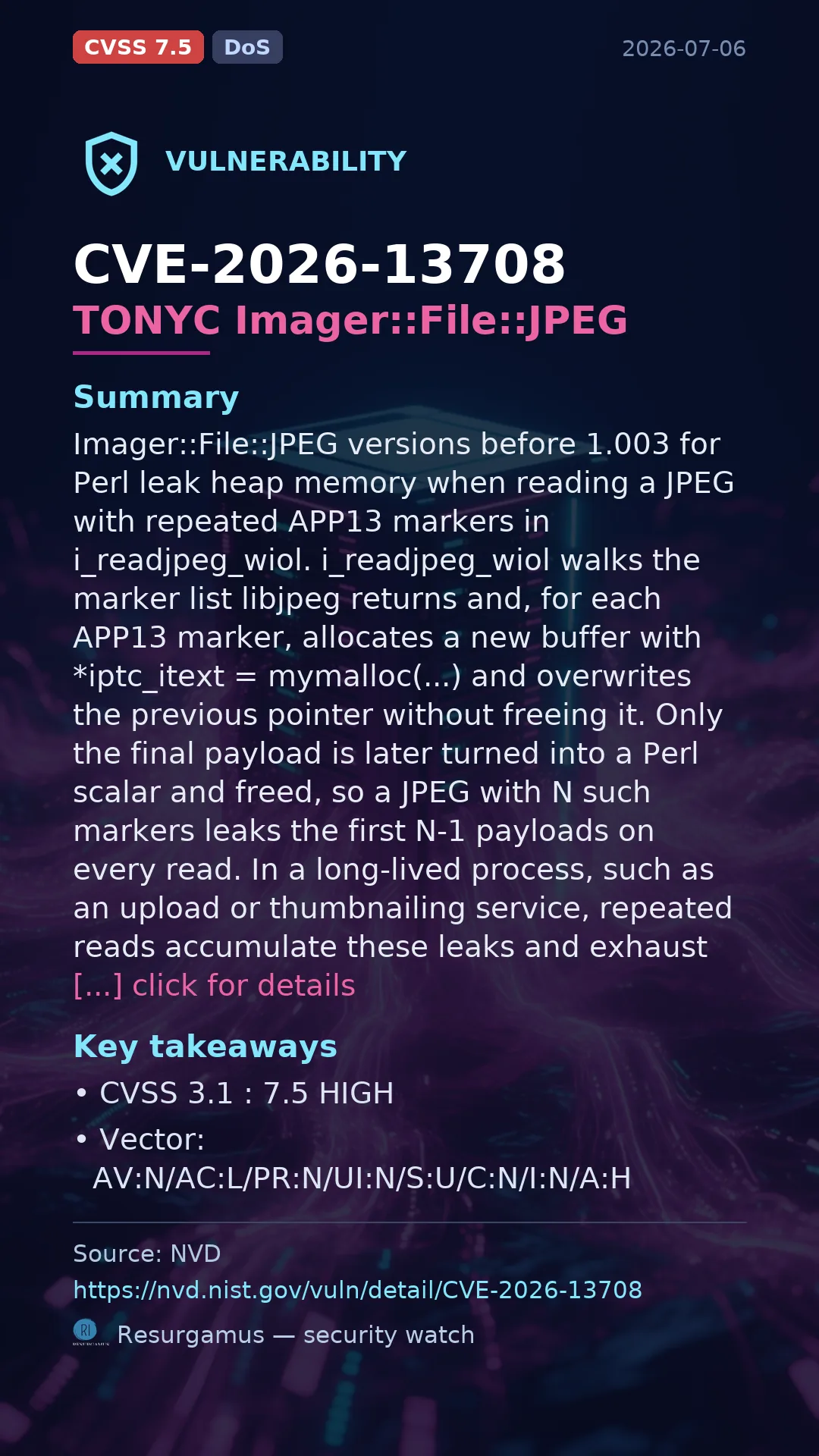 CVE-2026-13708 TONYC Imager::File::JPEG Vulnerability