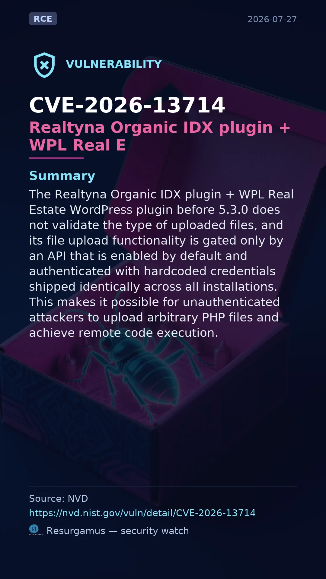 CVE-2026-13714 - Realtyna Organic IDX plugin + WPL Real E vulnerability