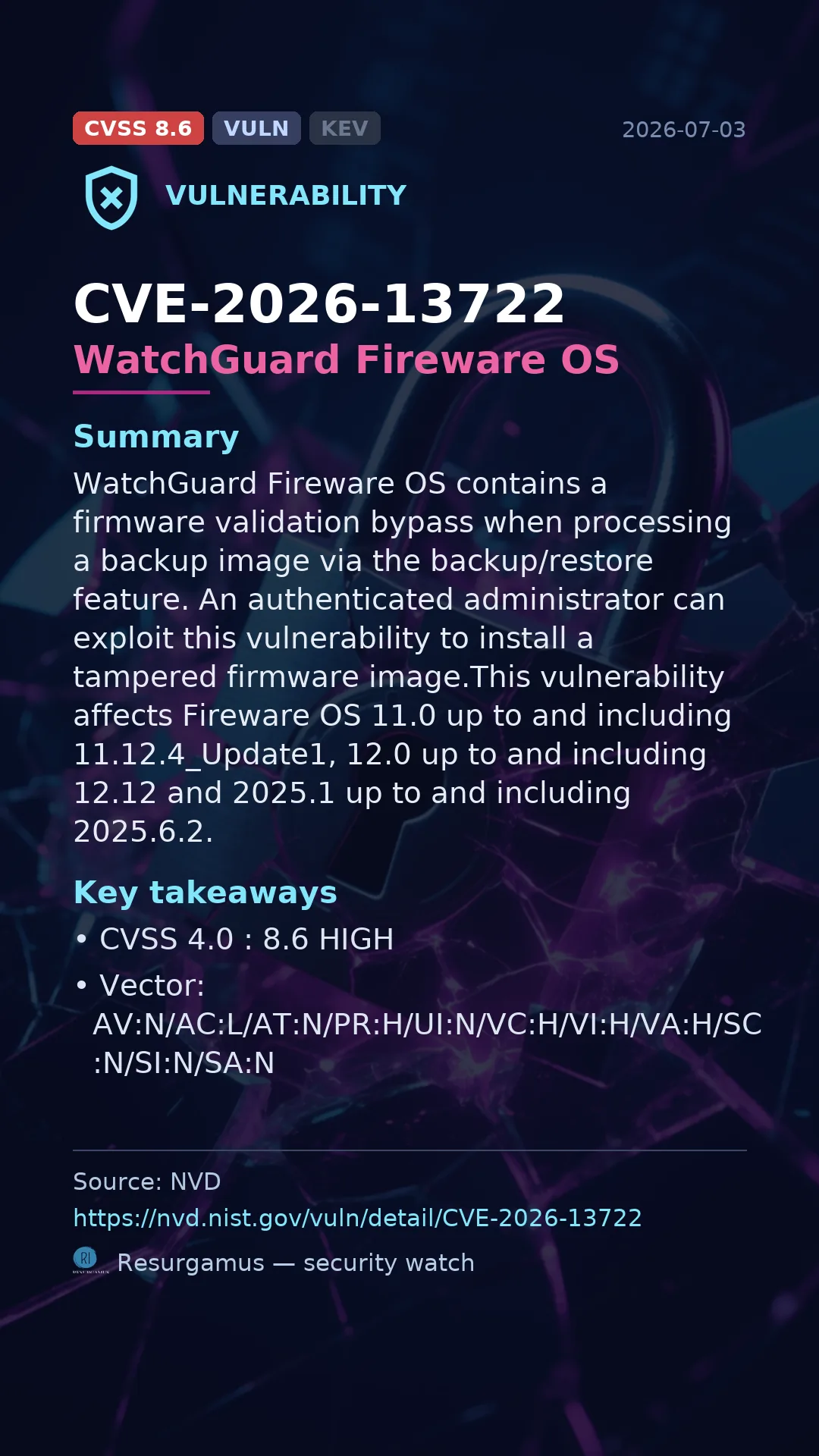 CVE-2026-13722 WatchGuard Fireware OS Vulnerability