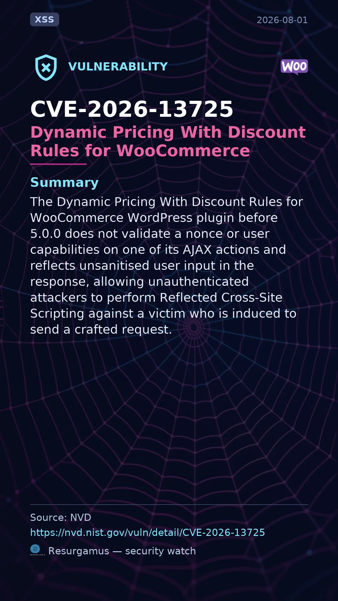 CVE-2026-13725 Dynamic Pricing With Discount Rules for WooCommerce Vulnerability