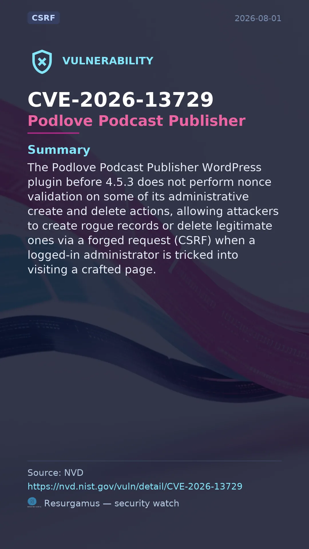 CVE-2026-13729 Podlove Podcast Publisher Vulnerability