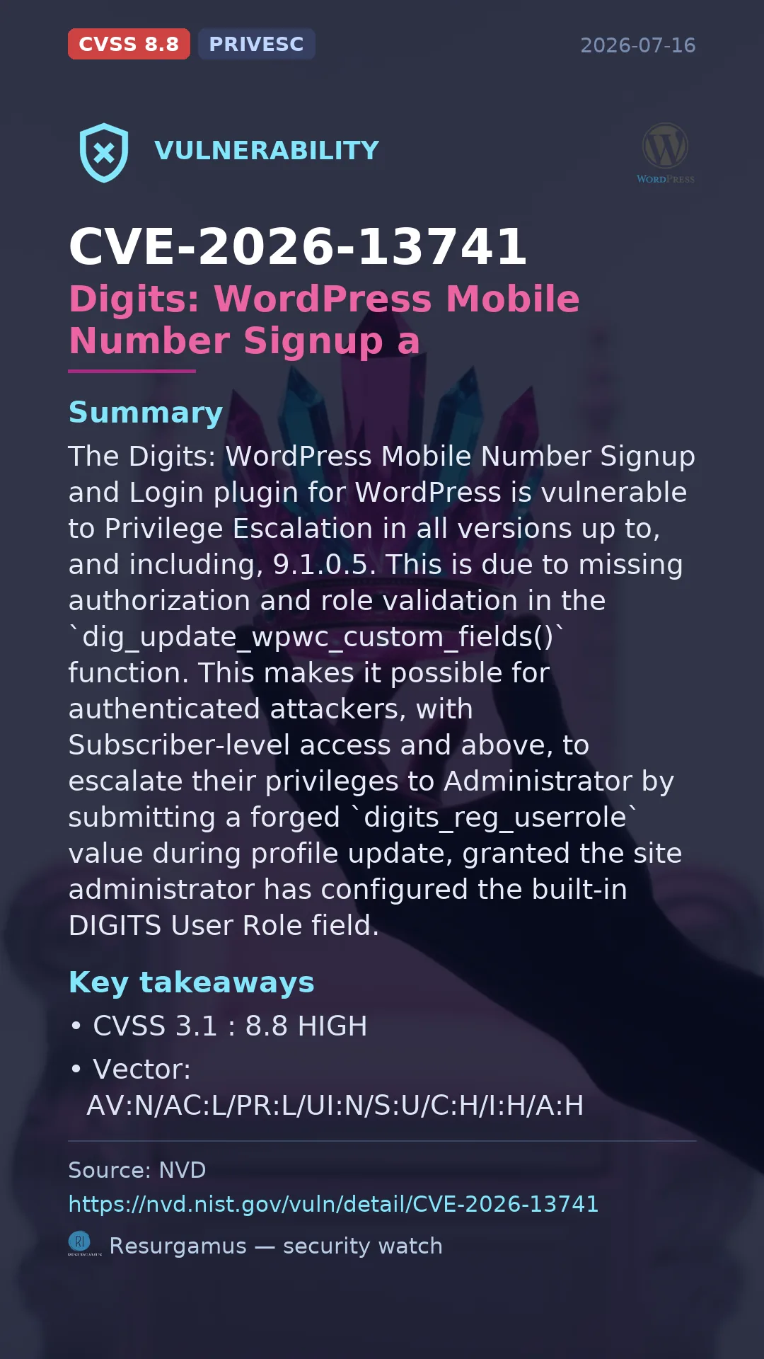 CVE-2026-13741 Digits: WordPress Mobile Number Signup a Vulnerability
