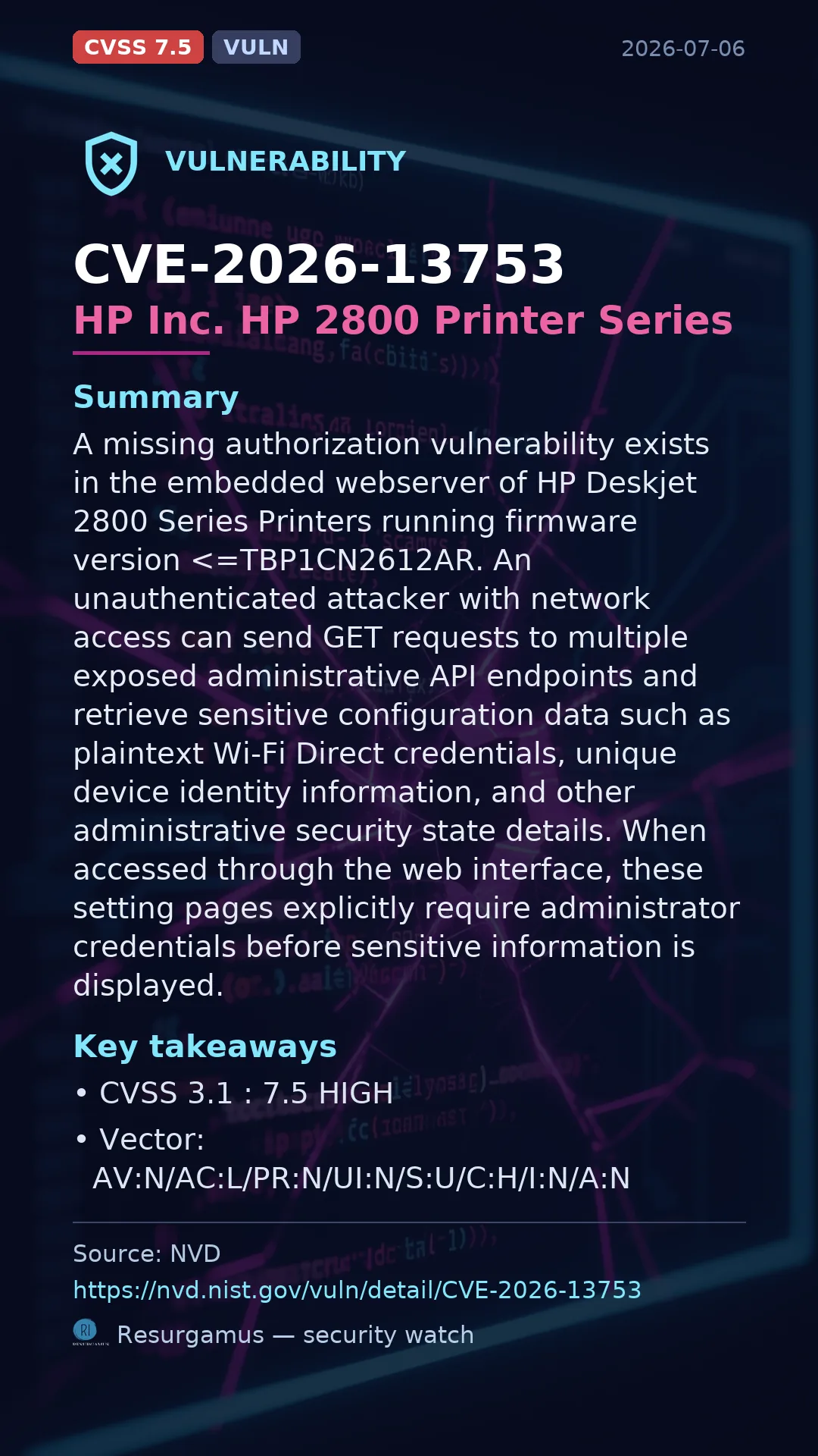 CVE-2026-13753 HP Inc. HP 2800 Printer Series Vulnerability