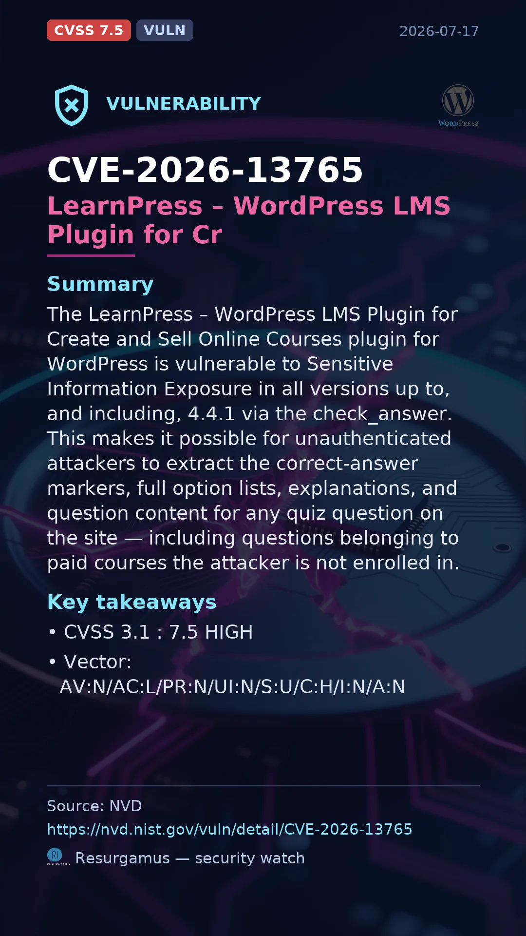 CVE-2026-13765 LearnPress – WordPress LMS Plugin for Cr Vulnerability
