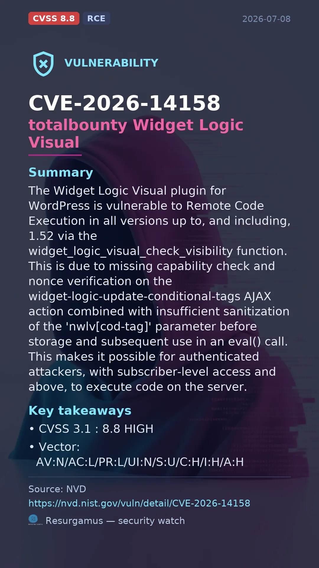 CVE-2026-14158 totalbounty Widget Logic Visual Vulnerability