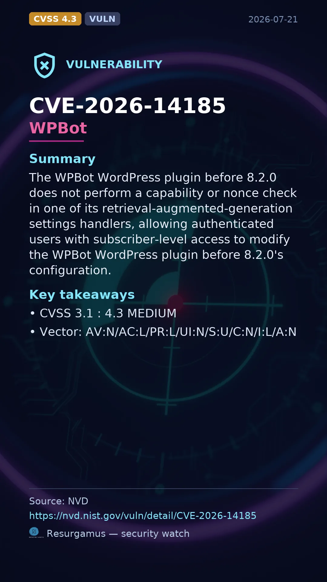 CVE-2026-14185 WPBot Vulnerability