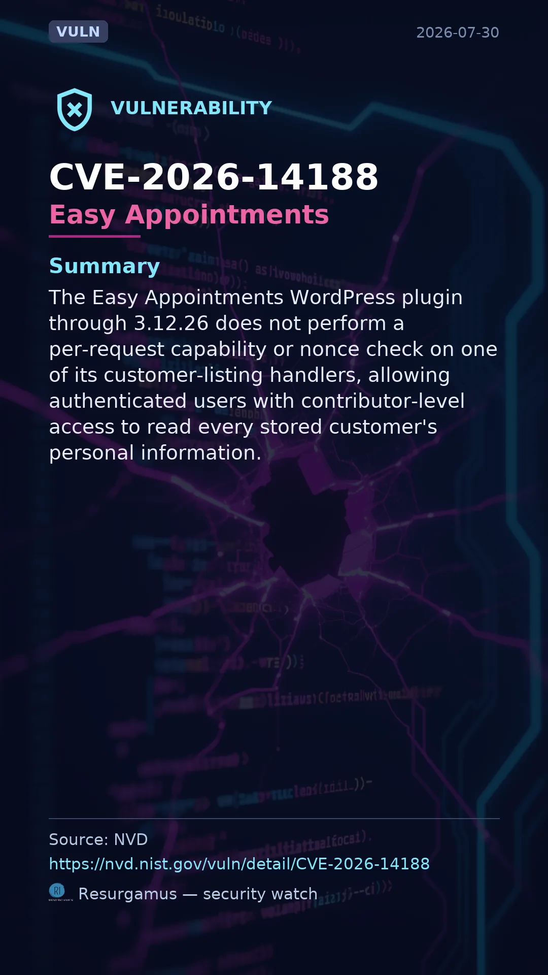 CVE-2026-14188 Easy Appointments Vulnerability