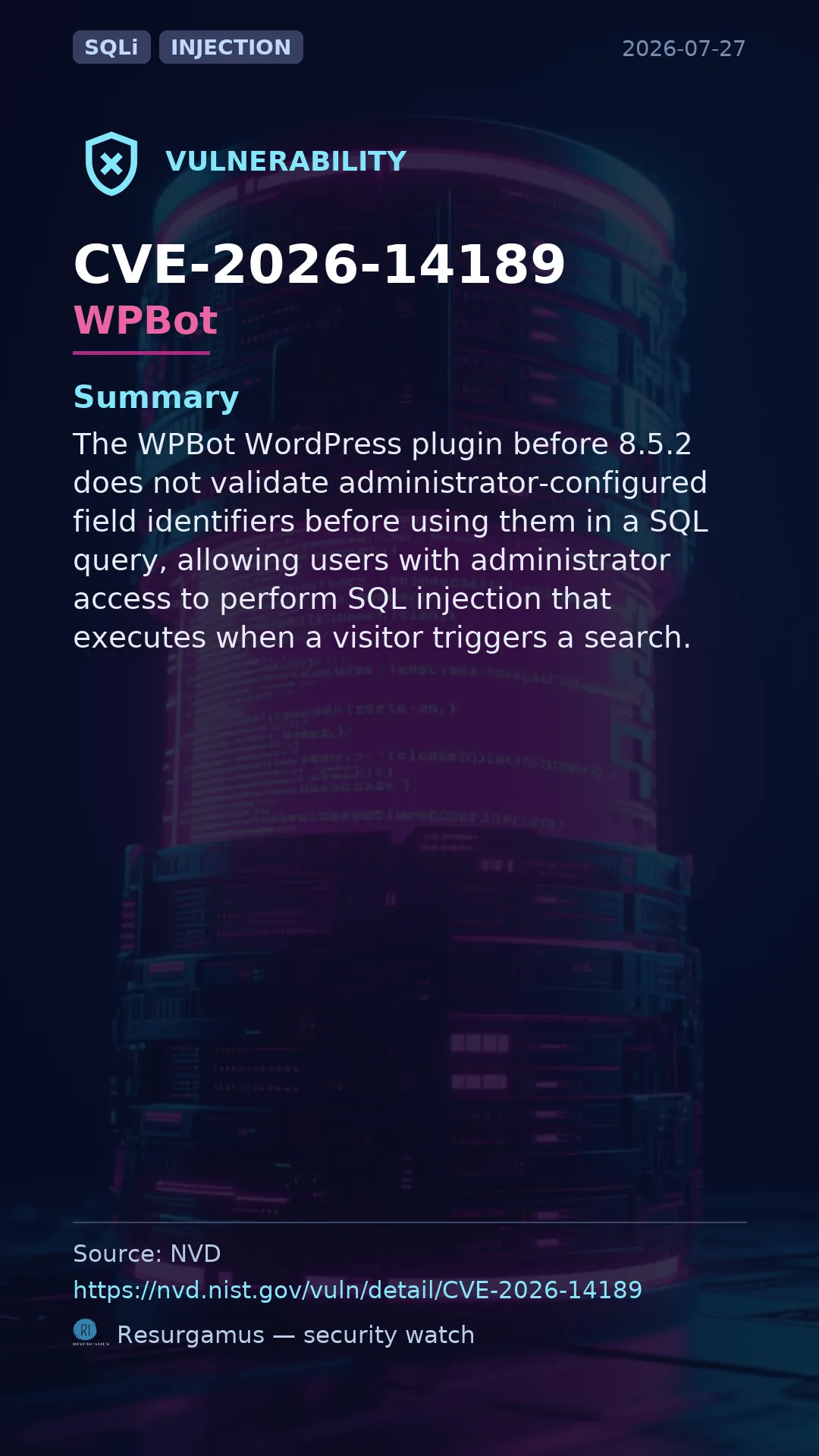 CVE-2026-14189 - WPBot vulnerability