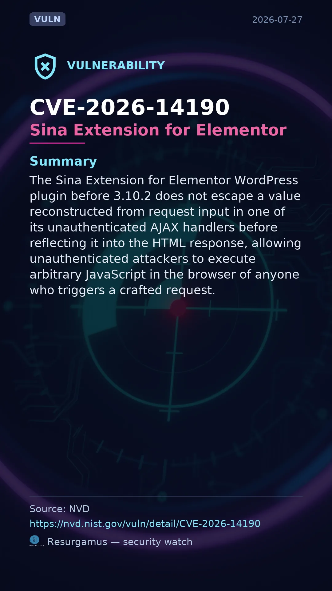CVE-2026-14190 - Sina Extension for Elementor vulnerability