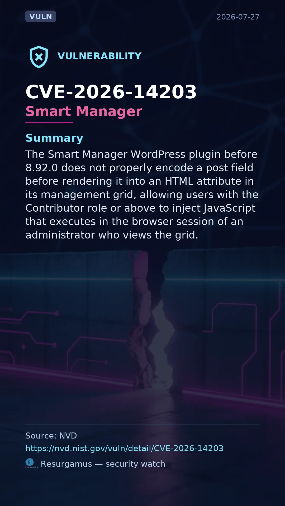 CVE-2026-14203 - Smart Manager vulnerability
