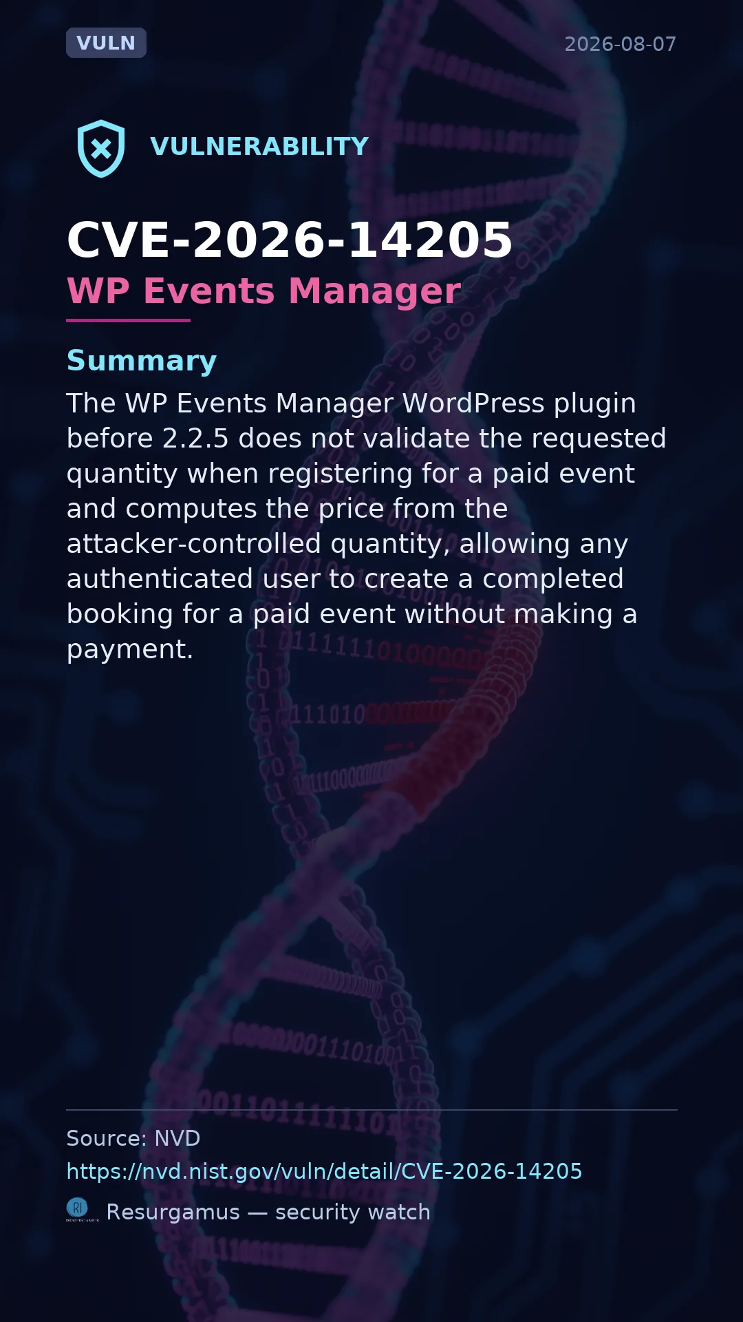 CVE-2026-14205 WP Events Manager Vulnerability