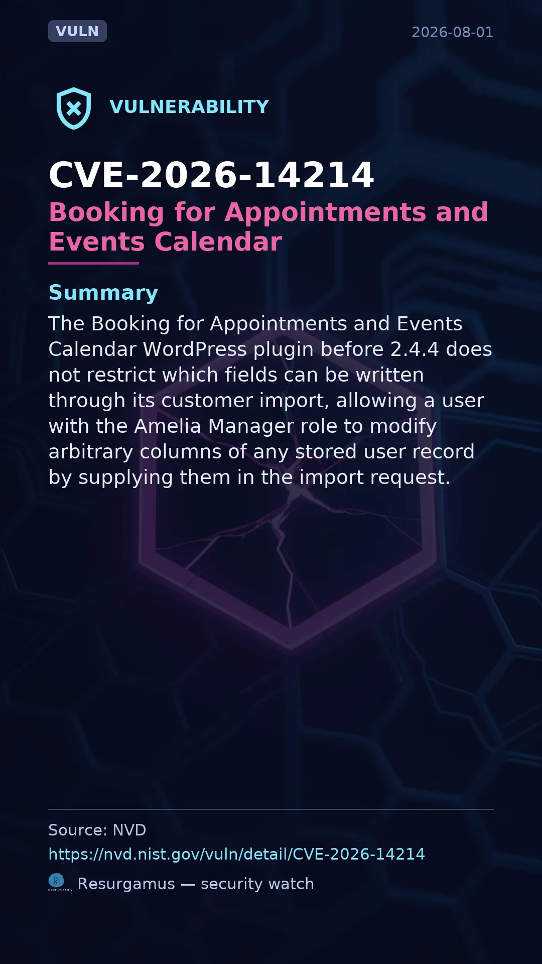 CVE-2026-14214 Booking for Appointments and Events Calendar Vulnerability
