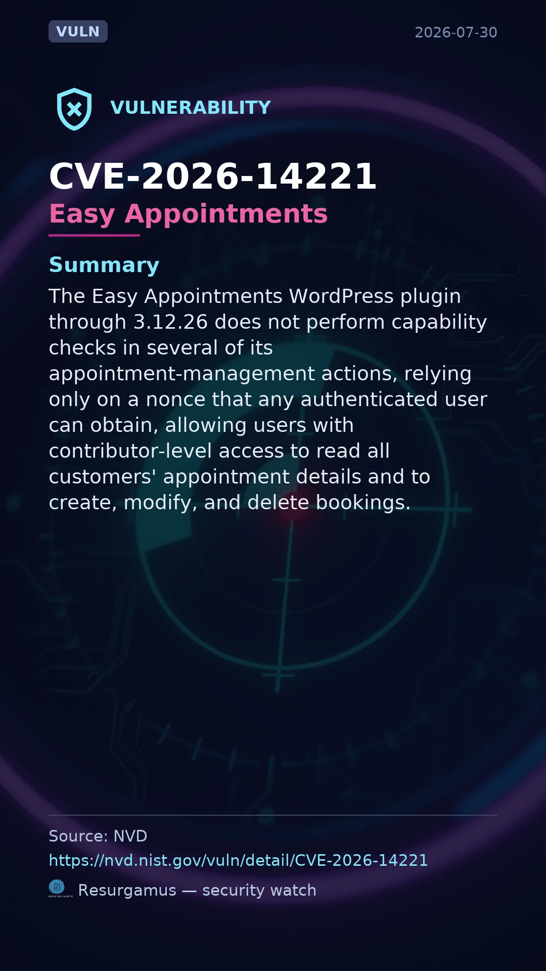 CVE-2026-14221 Easy Appointments Vulnerability