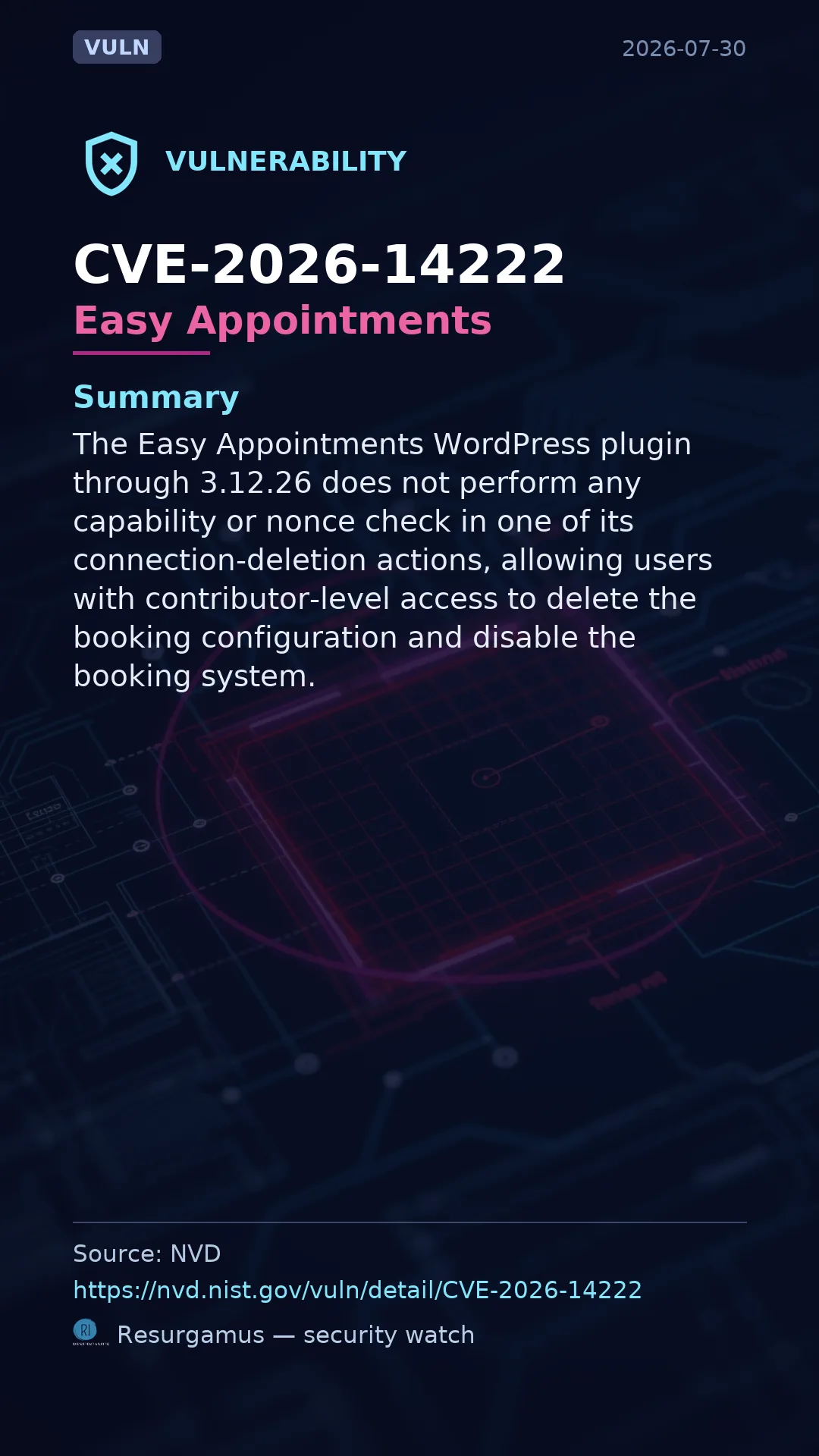 CVE-2026-14222 Easy Appointments Vulnerability