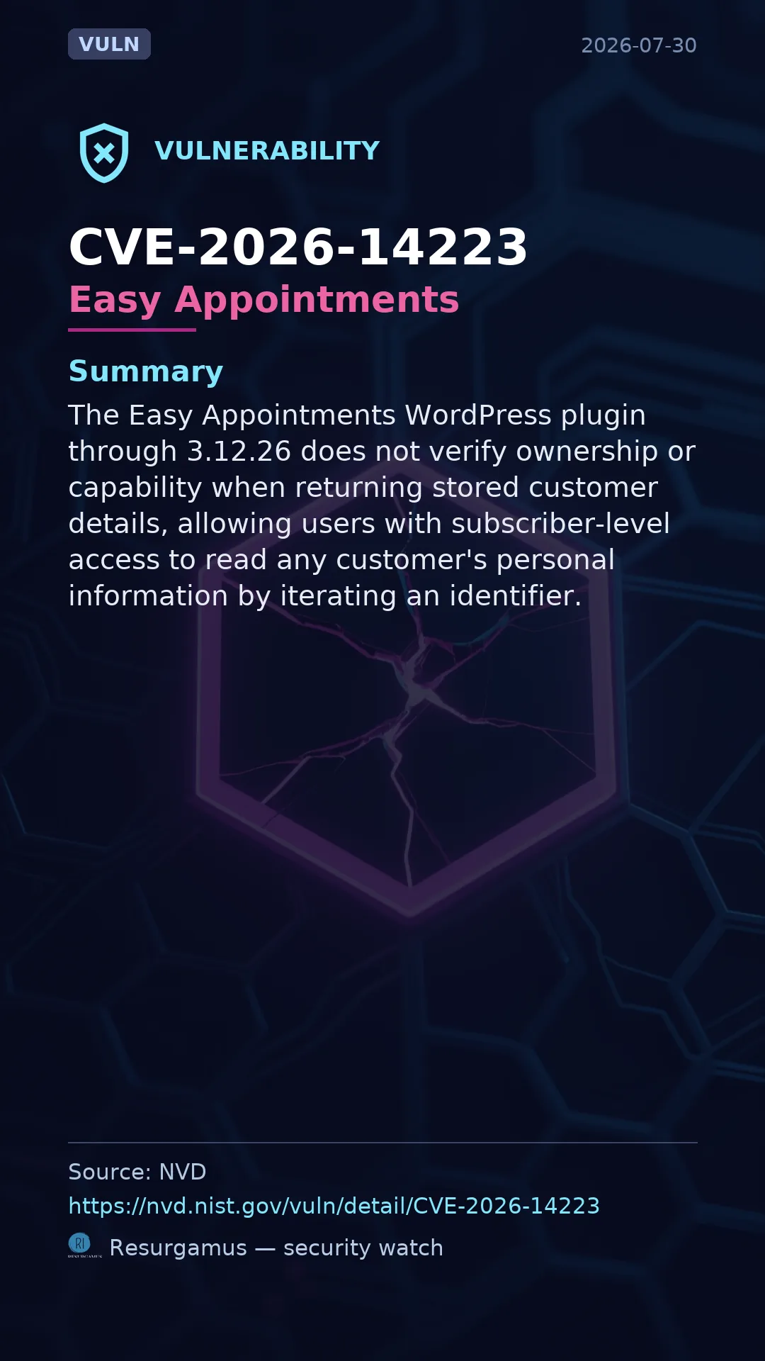 CVE-2026-14223 Easy Appointments Vulnerability
