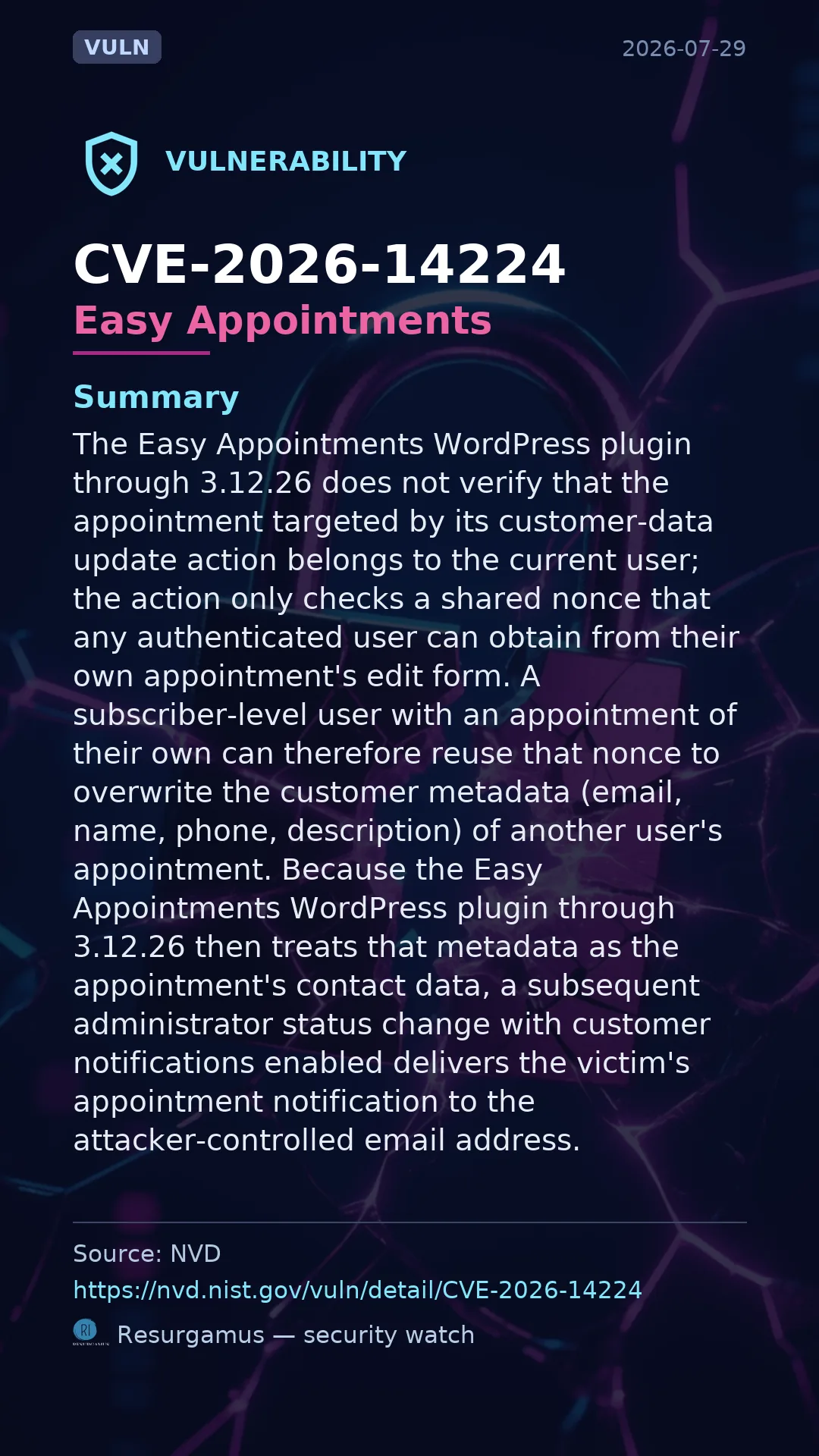 CVE-2026-14224 Easy Appointments Vulnerability