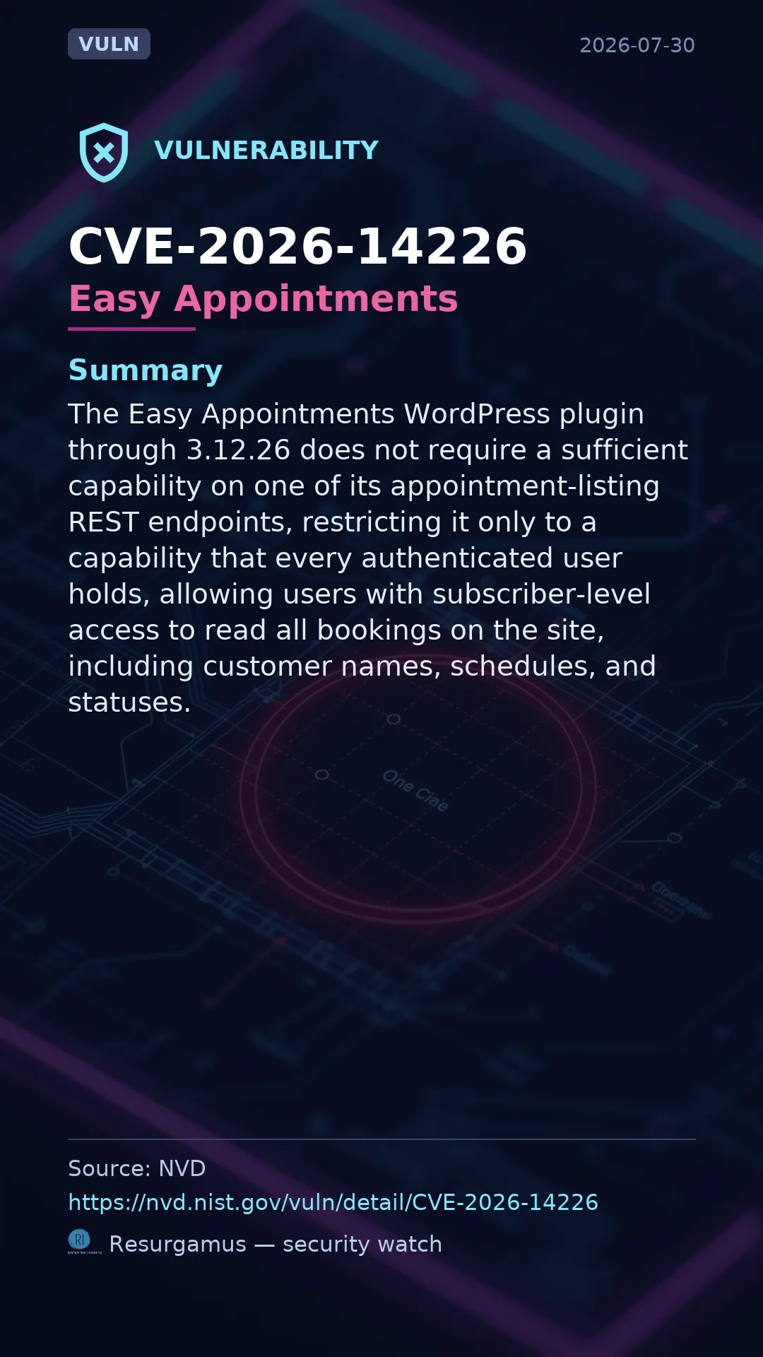 CVE-2026-14226 Easy Appointments Vulnerability