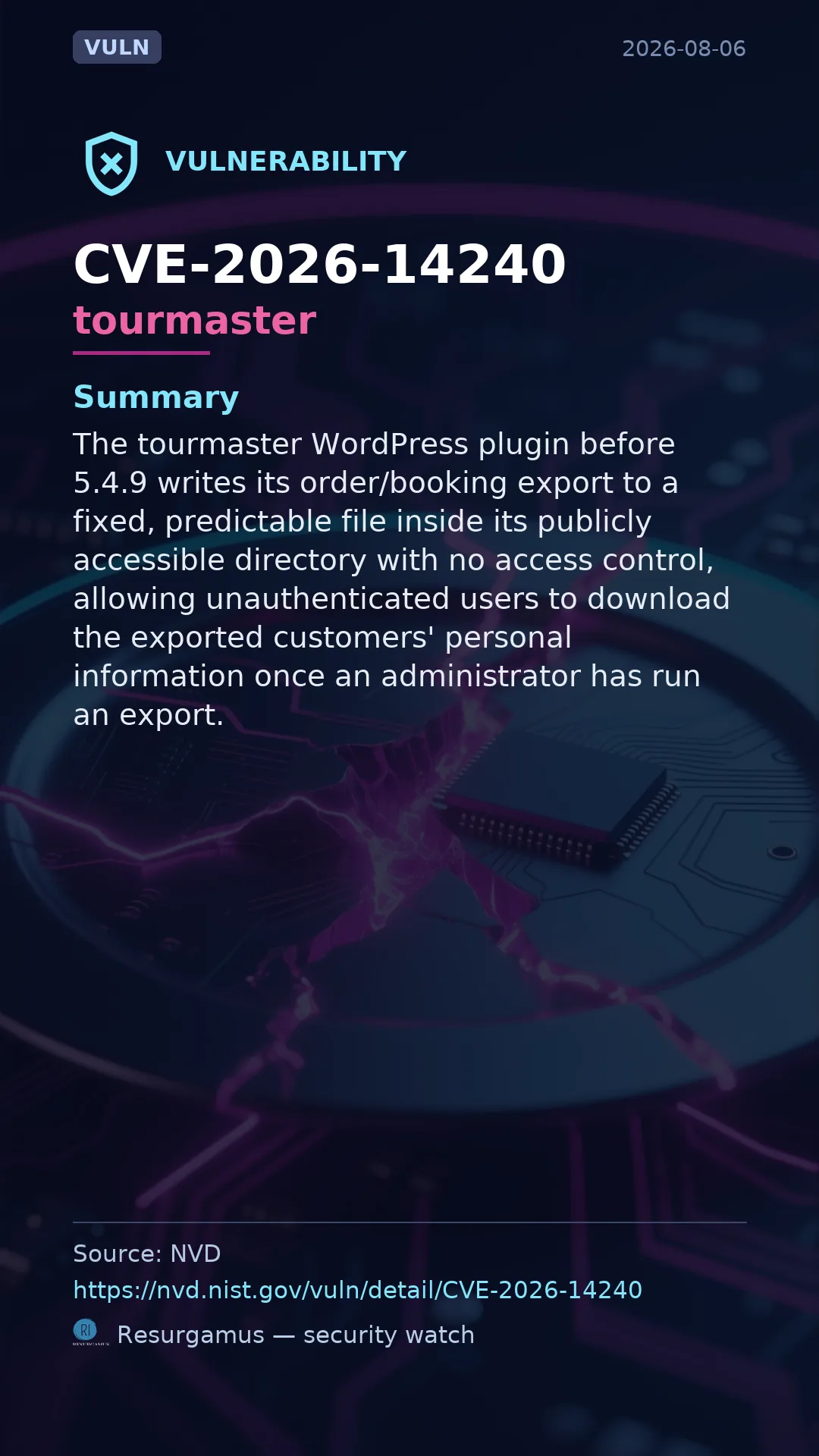 CVE-2026-14240 tourmaster Vulnerability
