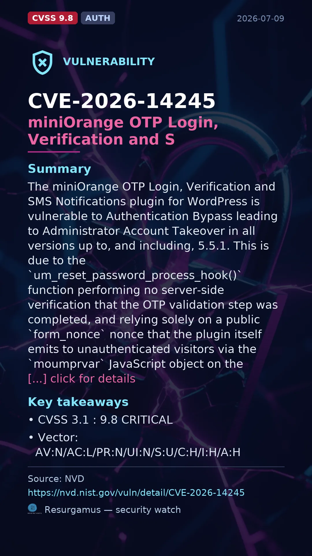 CVE-2026-14245 miniOrange OTP Login, Verification and S Vulnerability