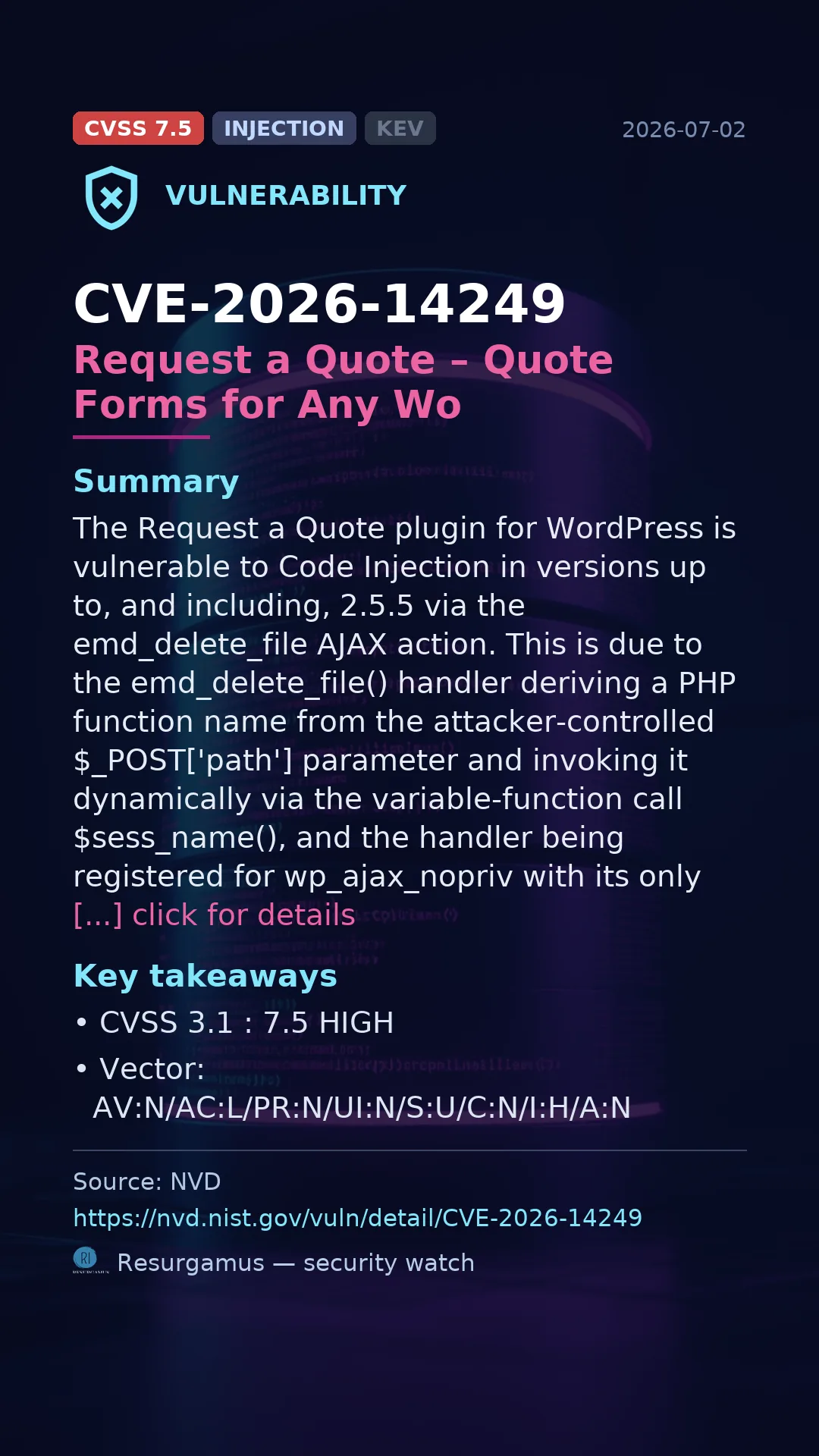CVE-2026-14249 Request a Quote – Quote Forms for Any Wo Vulnerability