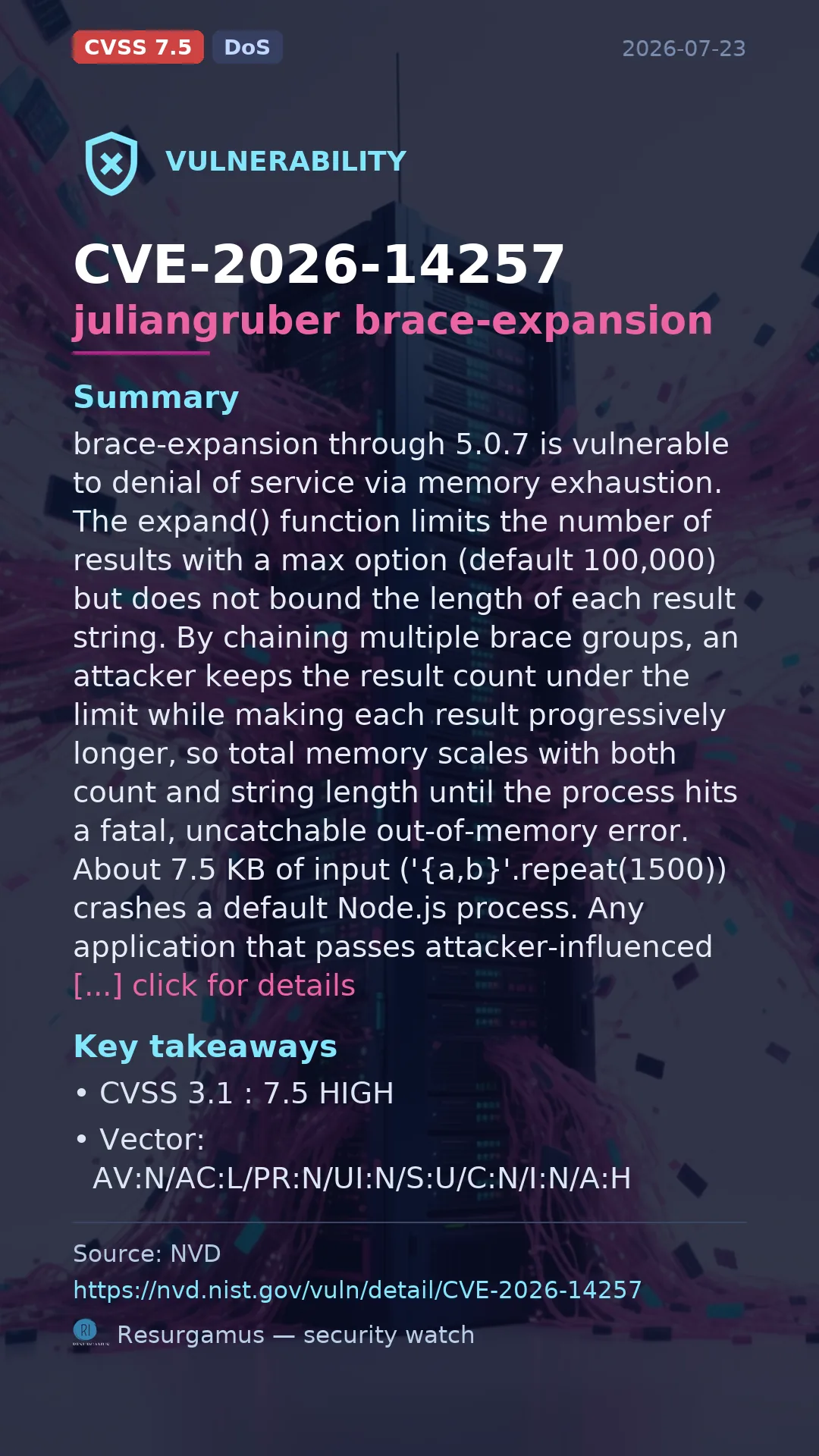 CVE-2026-14257 juliangruber brace-expansion Vulnerability