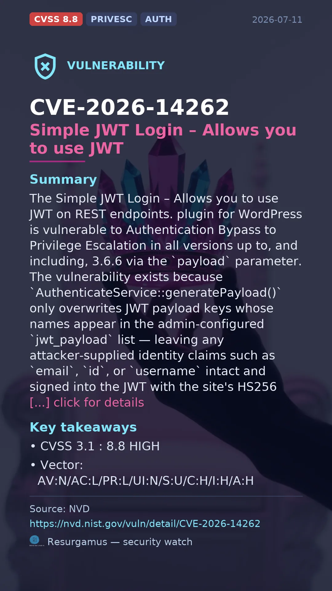 CVE-2026-14262 Simple JWT Login – Allows you to use JWT Vulnerability