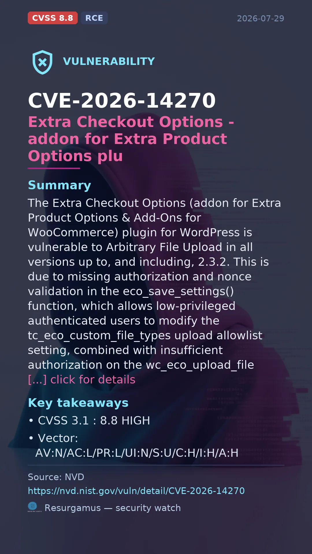 CVE-2026-14270 Extra Checkout Options - addon for Extra Vulnerability