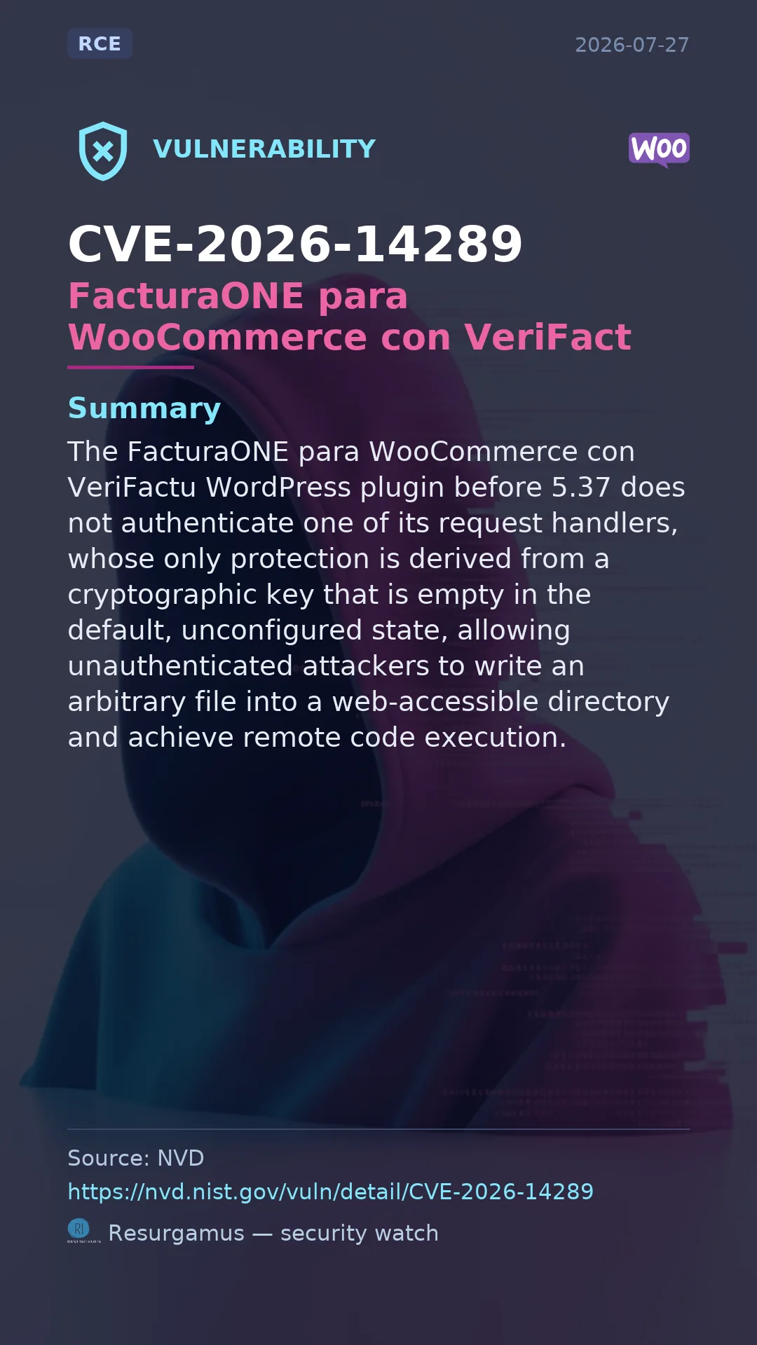 CVE-2026-14289 - FacturaONE para WooCommerce con VeriFact vulnerability