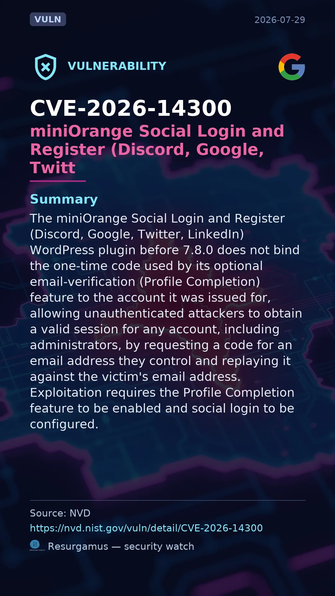 CVE-2026-14300 miniOrange Social Login and Register (Di Vulnerability