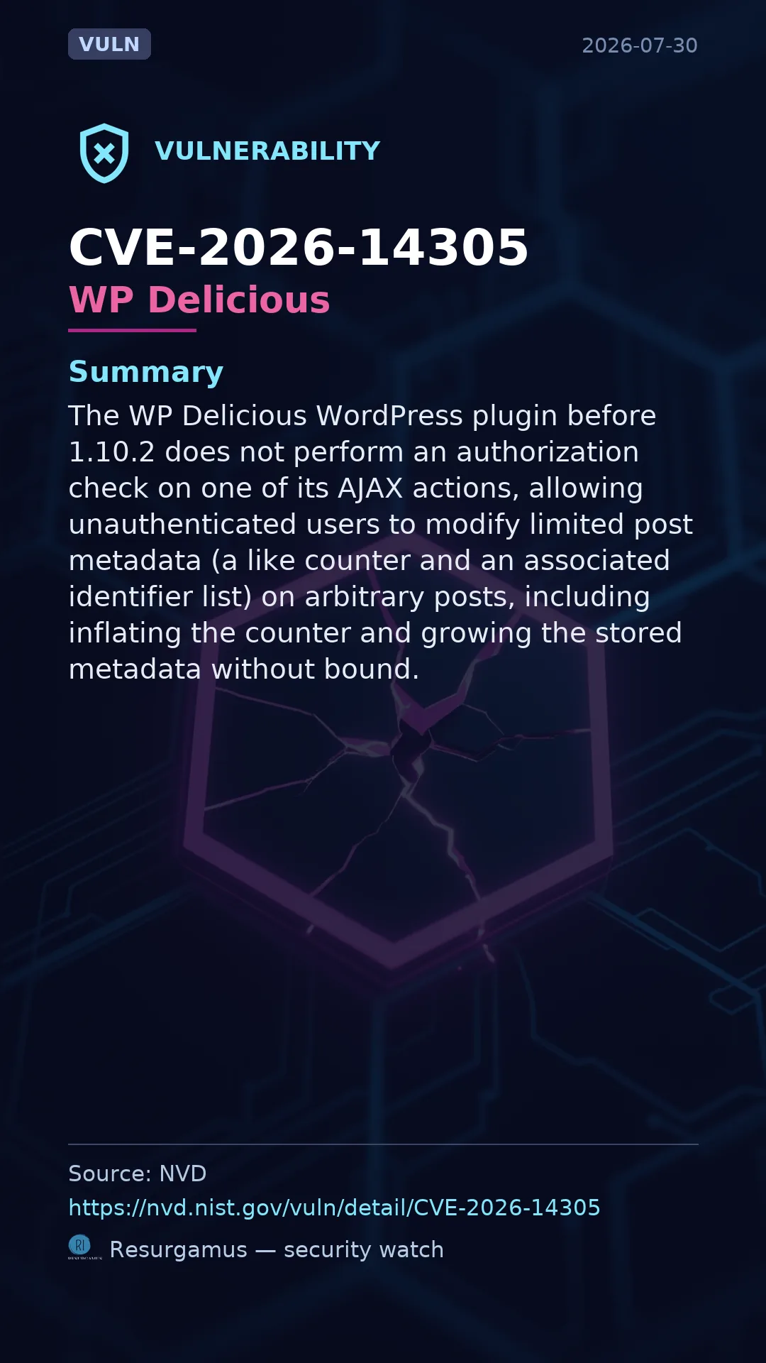 CVE-2026-14305 WP Delicious Vulnerability