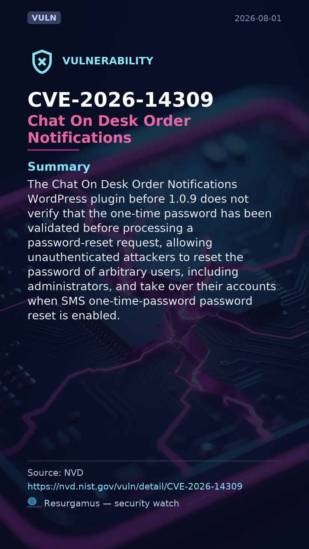 CVE-2026-14309 Chat On Desk Order Notifications Vulnerability