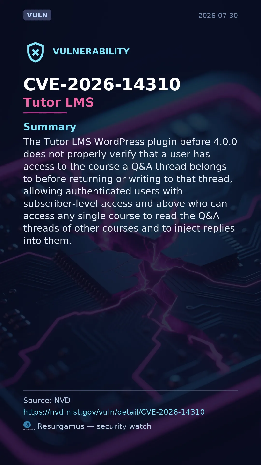 CVE-2026-14310 Tutor LMS Vulnerability