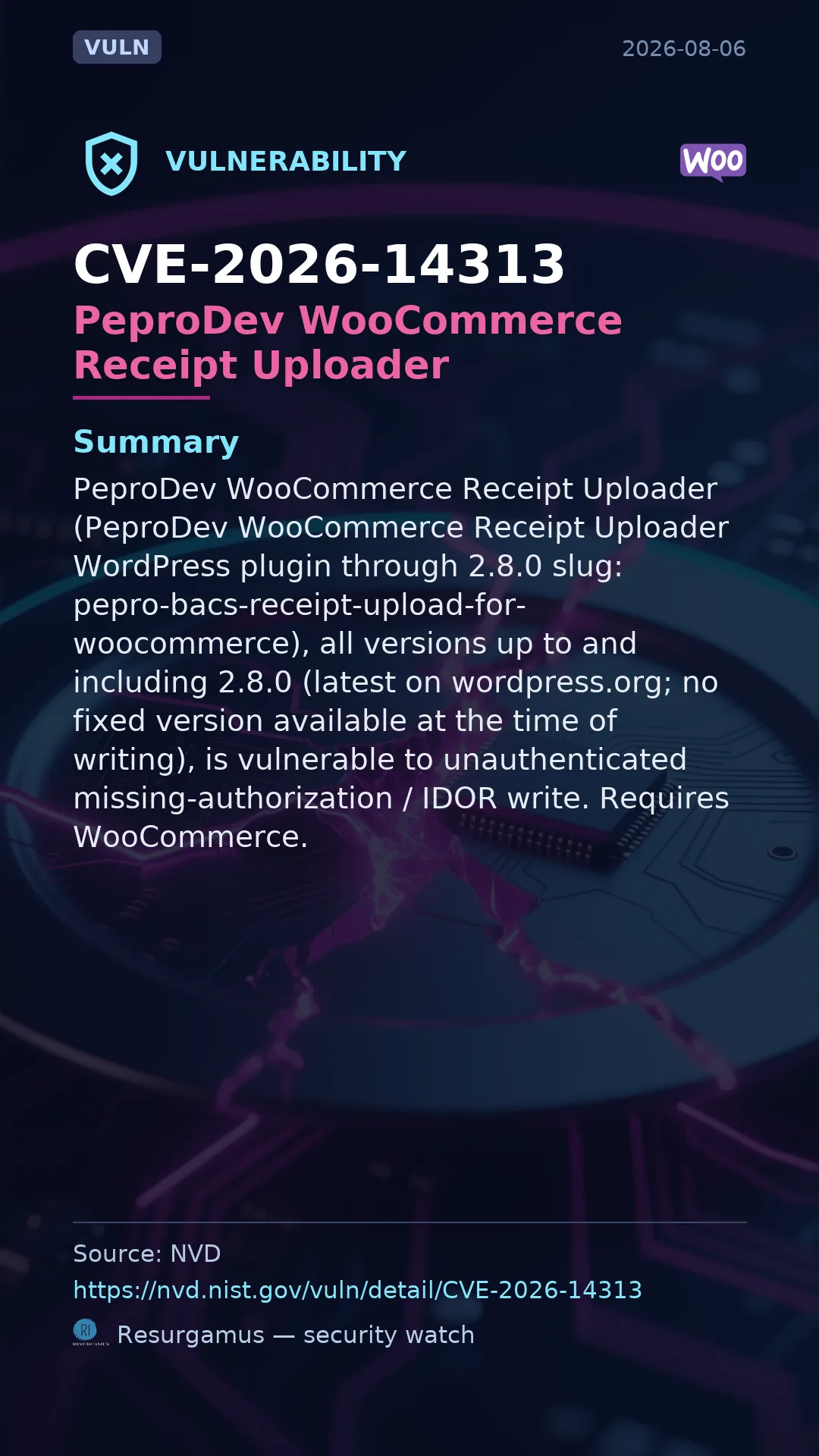CVE-2026-14313 PeproDev WooCommerce Receipt Uploader Vulnerability