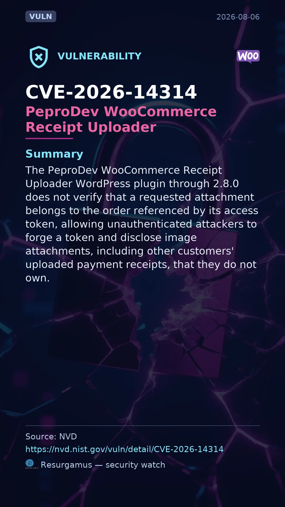 CVE-2026-14314 PeproDev WooCommerce Receipt Uploader Vulnerability