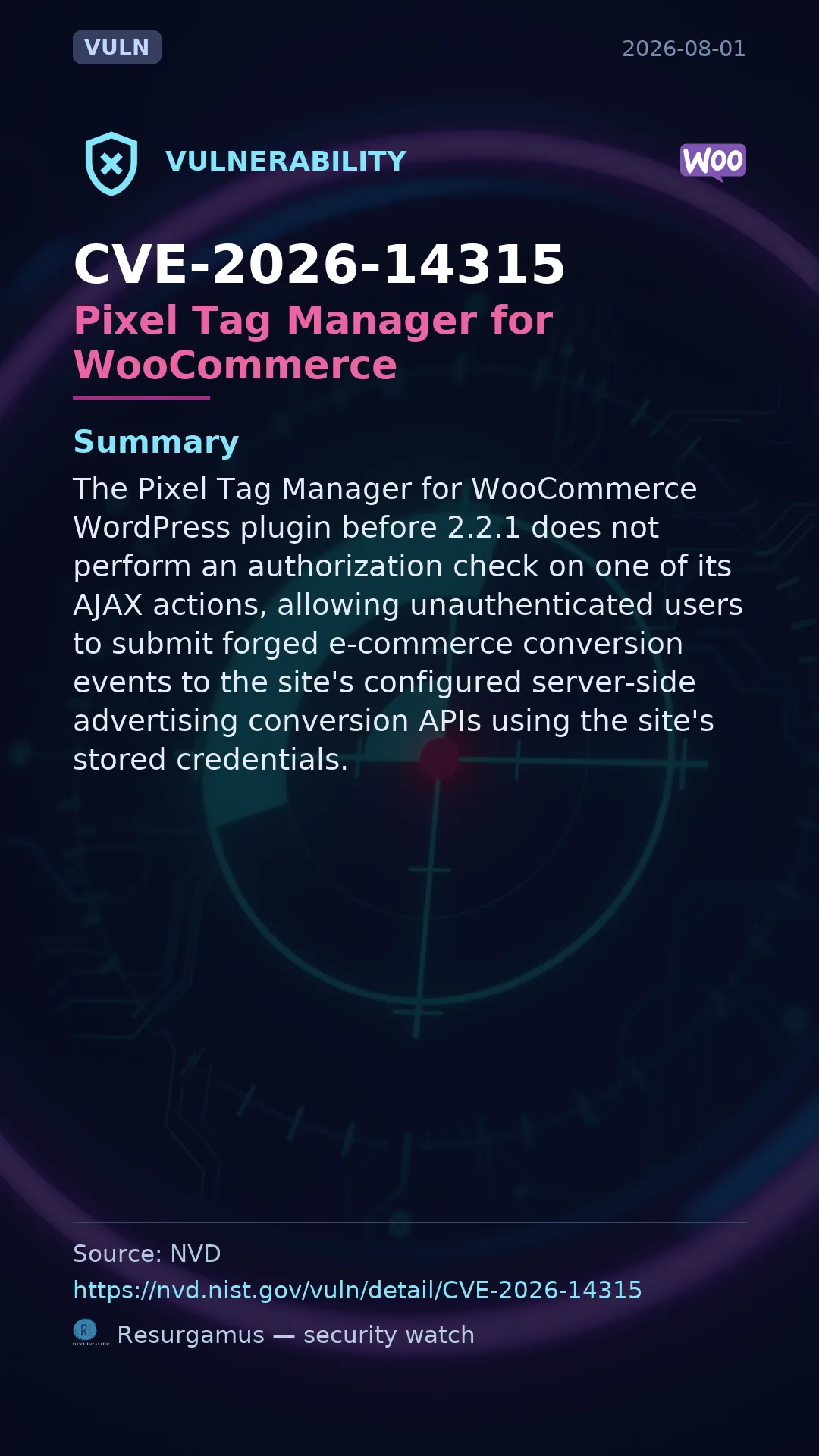 CVE-2026-14315 Pixel Tag Manager for WooCommerce Vulnerability