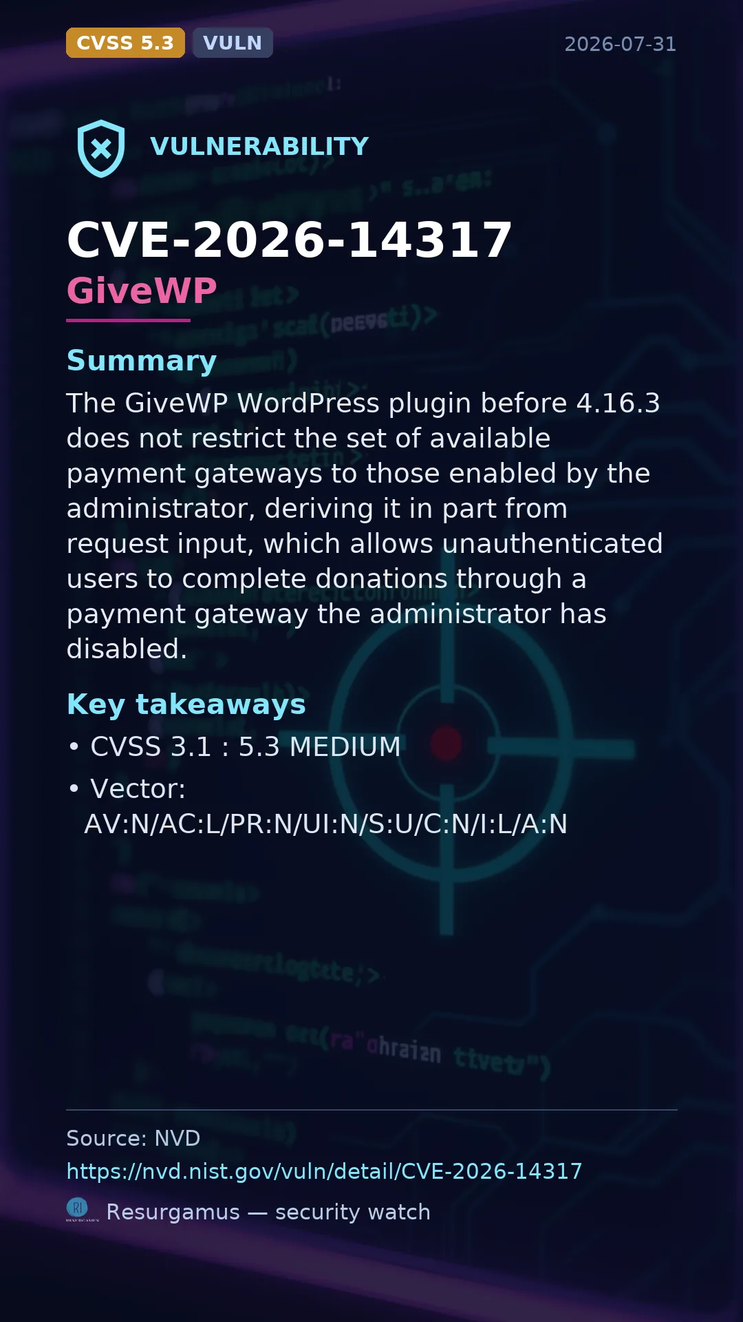 CVE-2026-14317 GiveWP Vulnerability