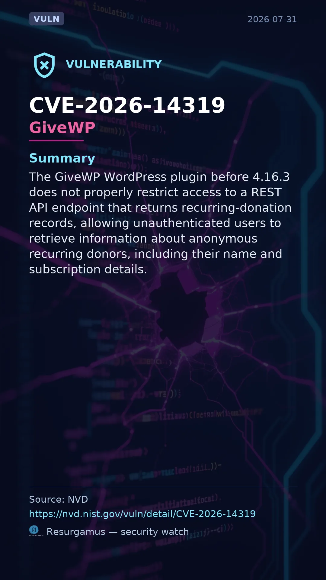 CVE-2026-14319 GiveWP Vulnerability