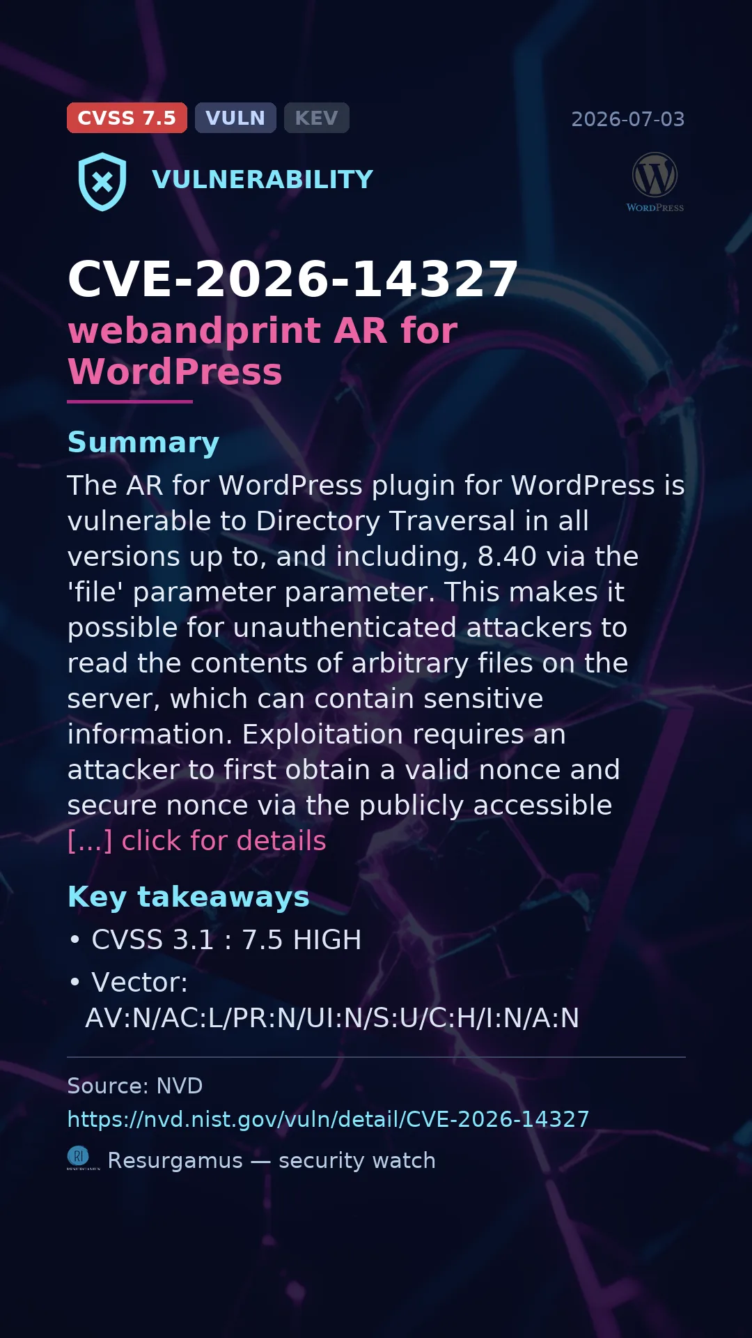 CVE-2026-14327 webandprint AR for WordPress Vulnerability