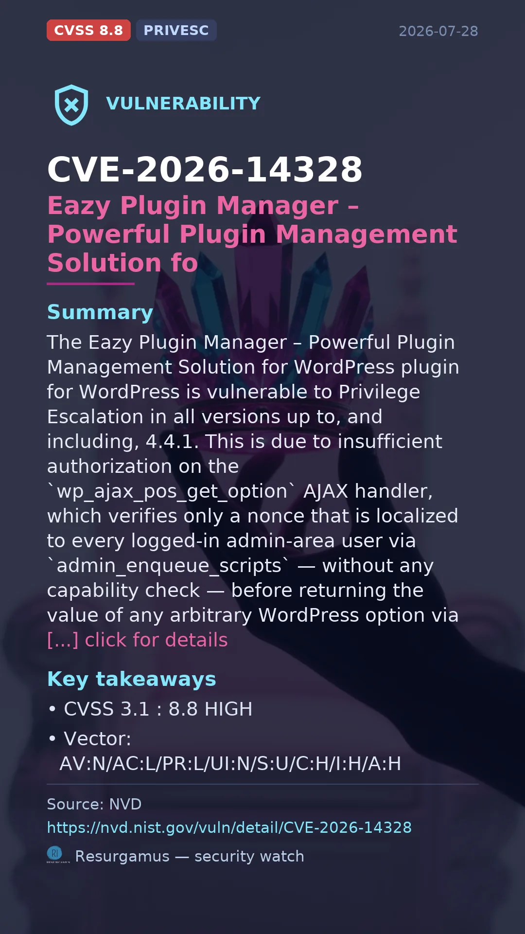 CVE-2026-14328 Eazy Plugin Manager – Powerful Plugin Ma Vulnerability
